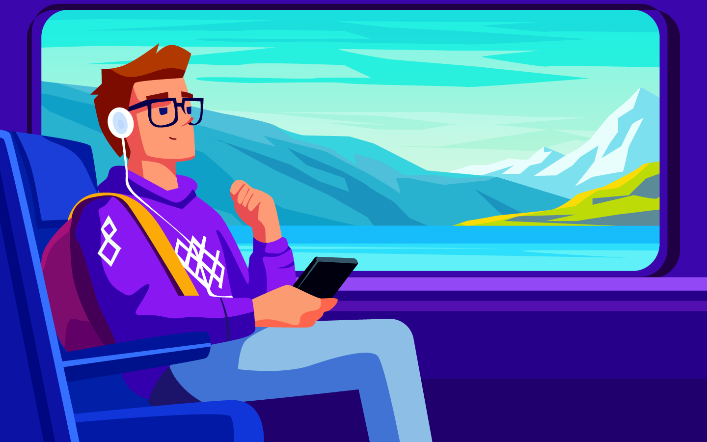 Moving peace farway adventure alps bullet train comfort europe flat illustration holidays illustration journey landscape mountains switzerland tour train travel travel agency vector voye world