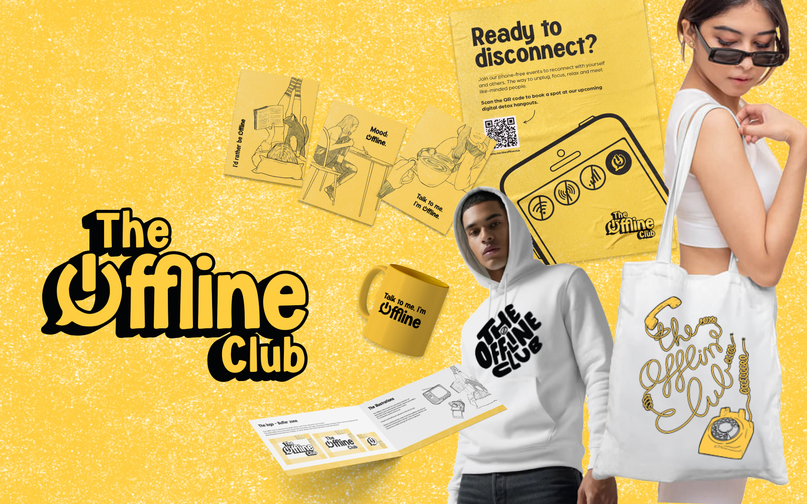 The Offline Club | Brand Identity for a Global Movement brand design brand guardian canva templates franchise illustration merch pos material postcard design sweater design tote design