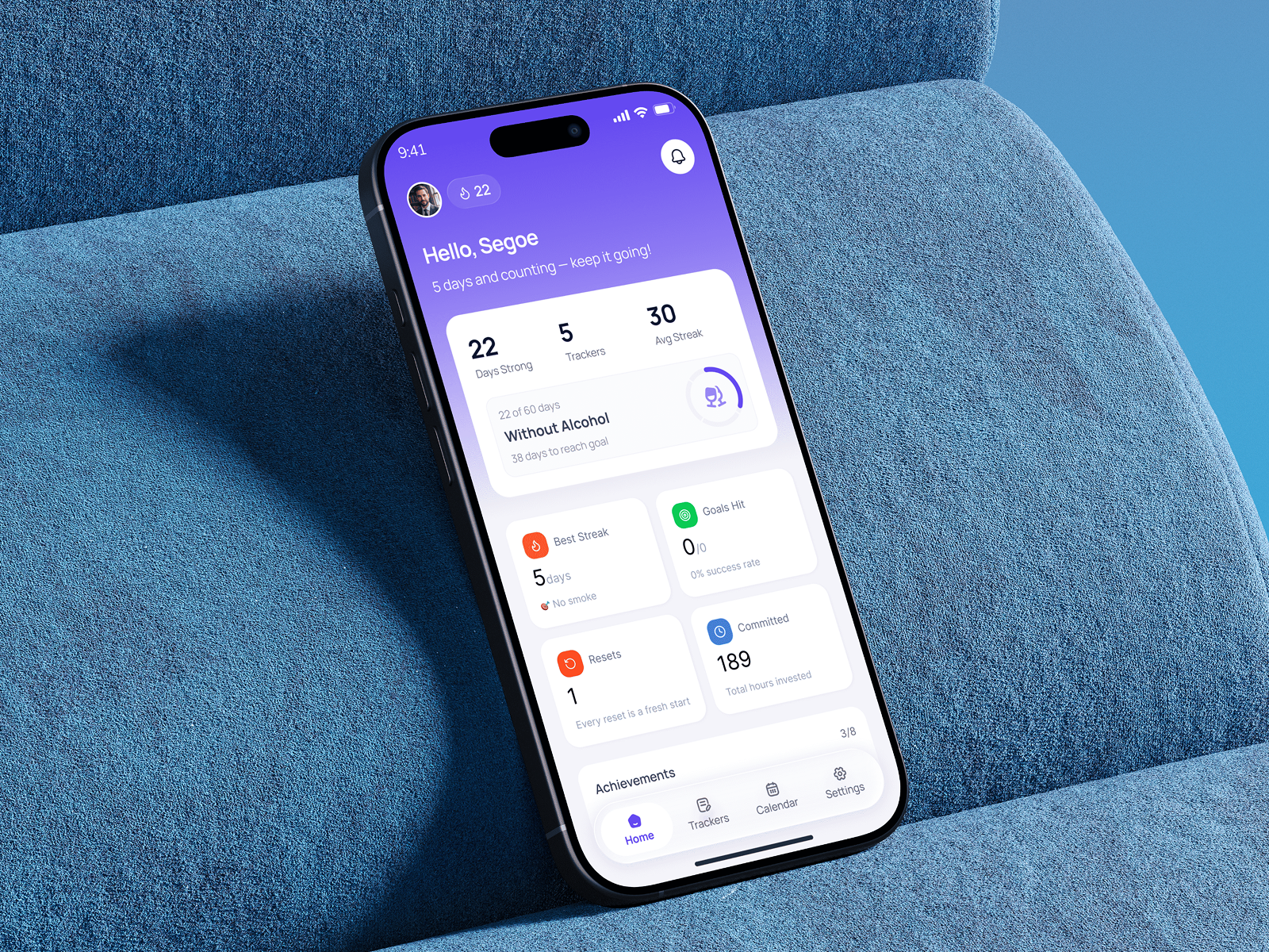 Resetlio - Sobriety & Habit Tracker Mobile App UI alcohol free app design calendar ui clean ui dashboard design dribbble ui habit building habit tracker health app ios design minimal ui mobile app ui mobile interface no alcohol purple ui self improvement app sobriety app streak tracker ui ux design wellness app