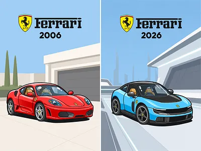 Ferrari 2006 vs 2026🏎‍🟀 automobile branding car doodle engine evolution fan art ferrari flat future icon illustration logo luxury sport car super car techmology transport vehicle wheel