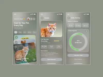 Pet Care Mobile App – Grooming & Activity Tracker activity tracker animal care app design app ui clean ui dashboard ui grooming app health tracker mobile app mobile ui modern ui pet app pet care pet grooming pet wellness product design ui design uiux user interface ux design