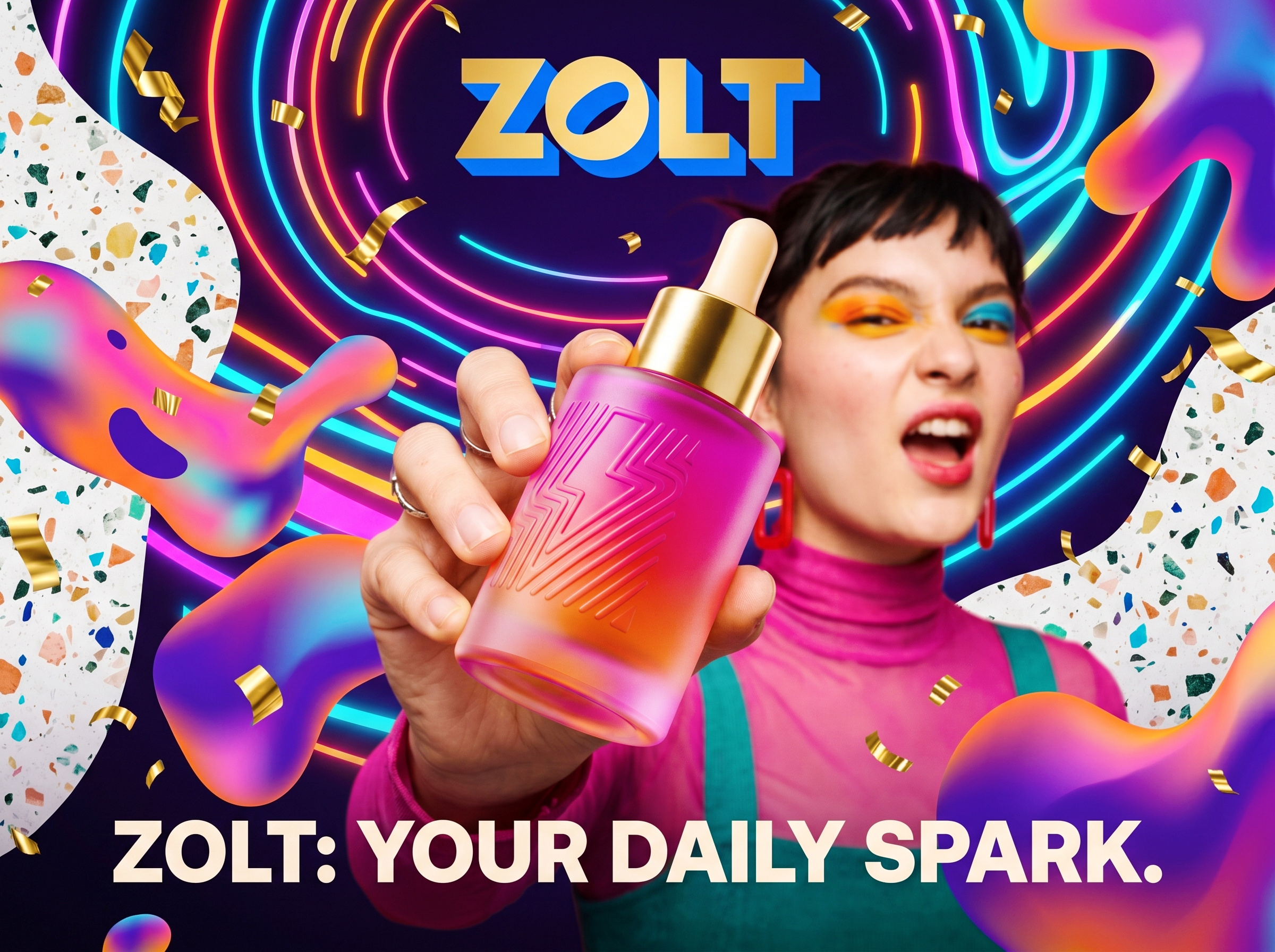 ZOLT | High-Octane Gen-Z Memphis Beauty by Up-Brands™ brand identity cosmic serum bar counter dopamine beauty packaging dynamic 3d lettering experience design gen z brand gradient frosted dropper bottle interactive cosmetics store lifestyle lightning bolt logo luxury branding neon orange purple aesthetic packaging design playful beauty spa concept retail design social retail launch kit visual identity zolt skincare 品牌 时尚
