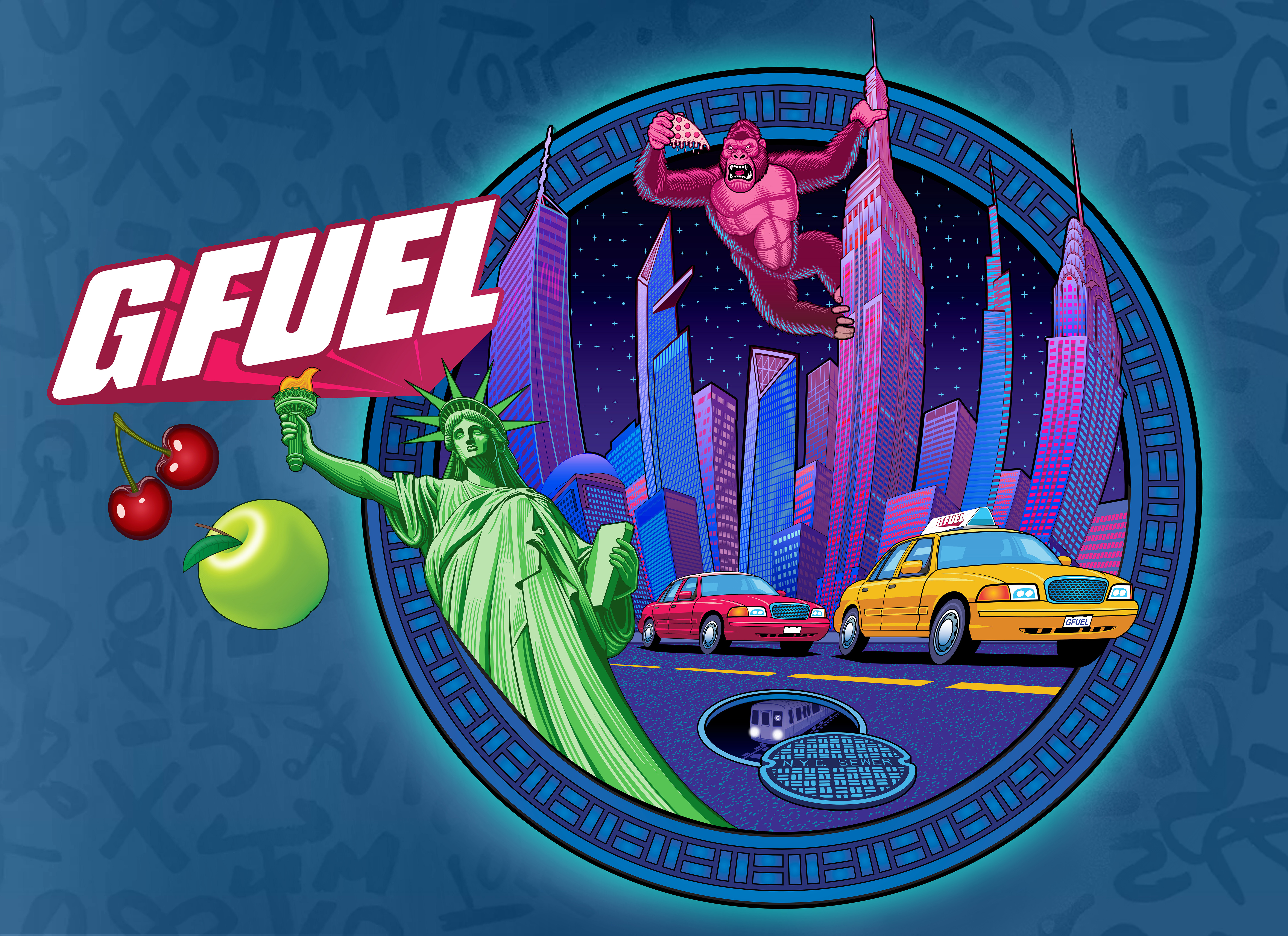 GFUEL "New York Afterglow" illustration branding energy drink gaming illustration king kong logo logo design manhattan new york city nyc packaging soft drink statue of liberty subway taxi vector vector art