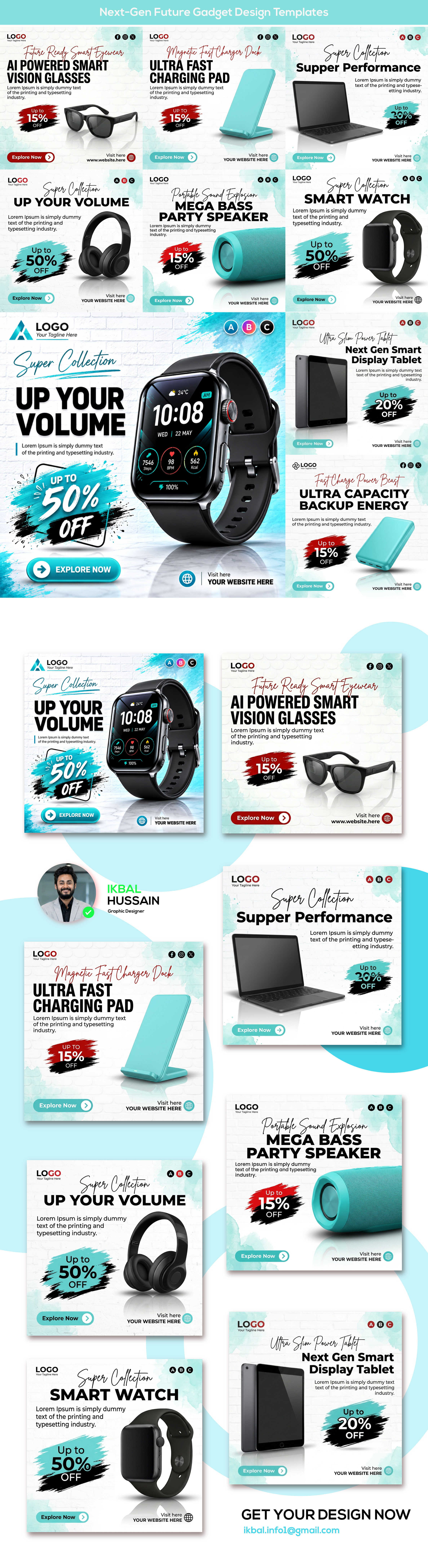 Next-Gen Future Gadget Design Templates ai glass design bluetooth speaker design facebook post design gadget design graphic design insta post design social media design speaker design watch design wireless charger design template