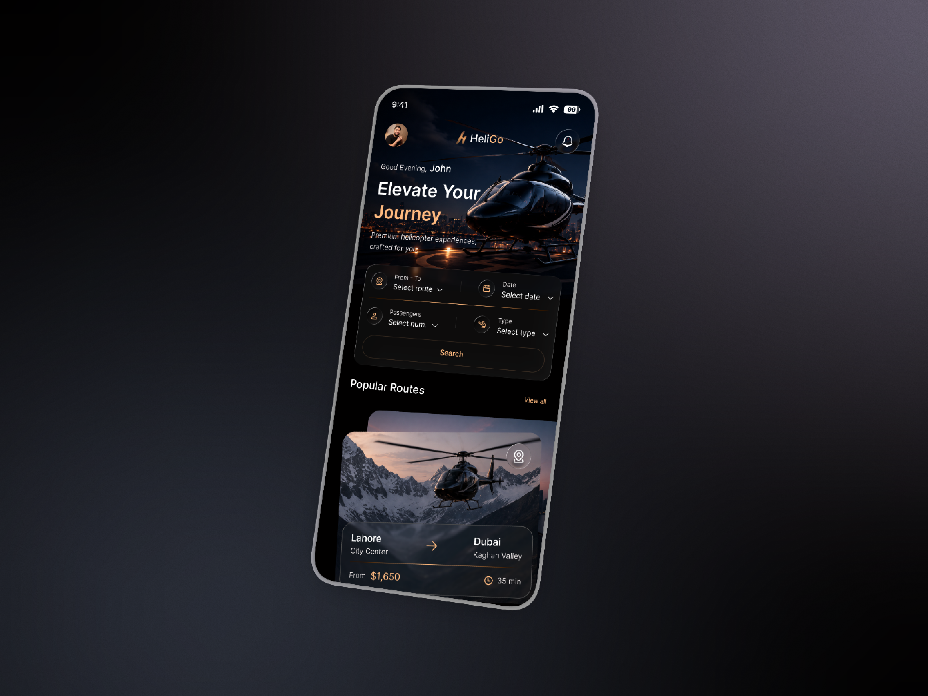 Private Helicopter Service App Interface