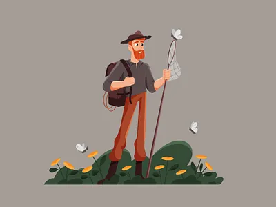 Butterfly hunter 2d art bag butterfly character flat flowers hunter illustration illustrator man minimal nature red travel vector