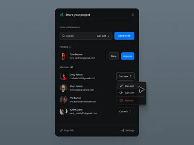 Permission Manager Component - Dark Mode card clean dark dark mode design system figma invite menu minimal modal pop up popover popup product design settings share share modal simple ui ui design