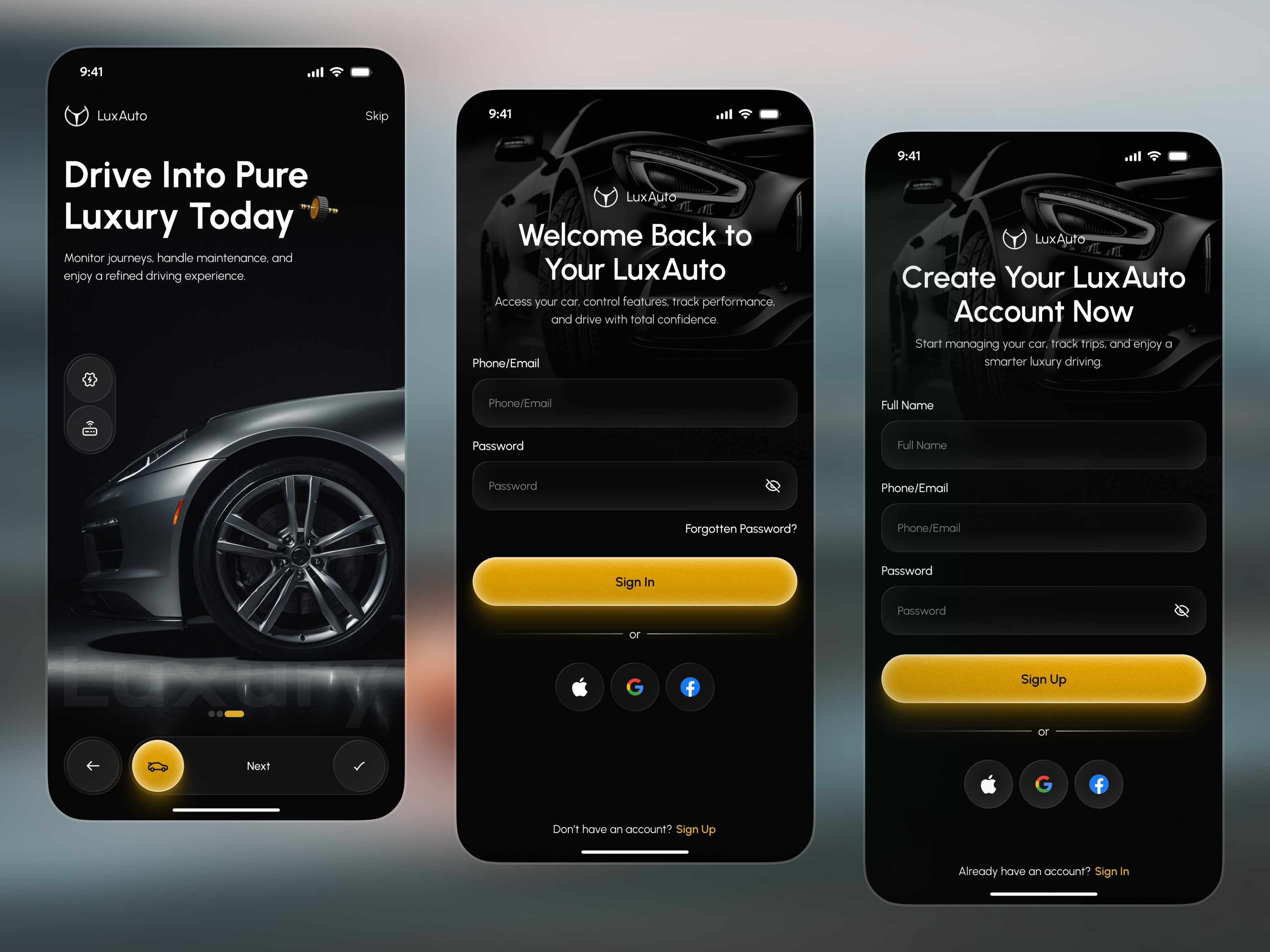 Luxury Car Selling App — Onboarding, Login & Sign Up UI