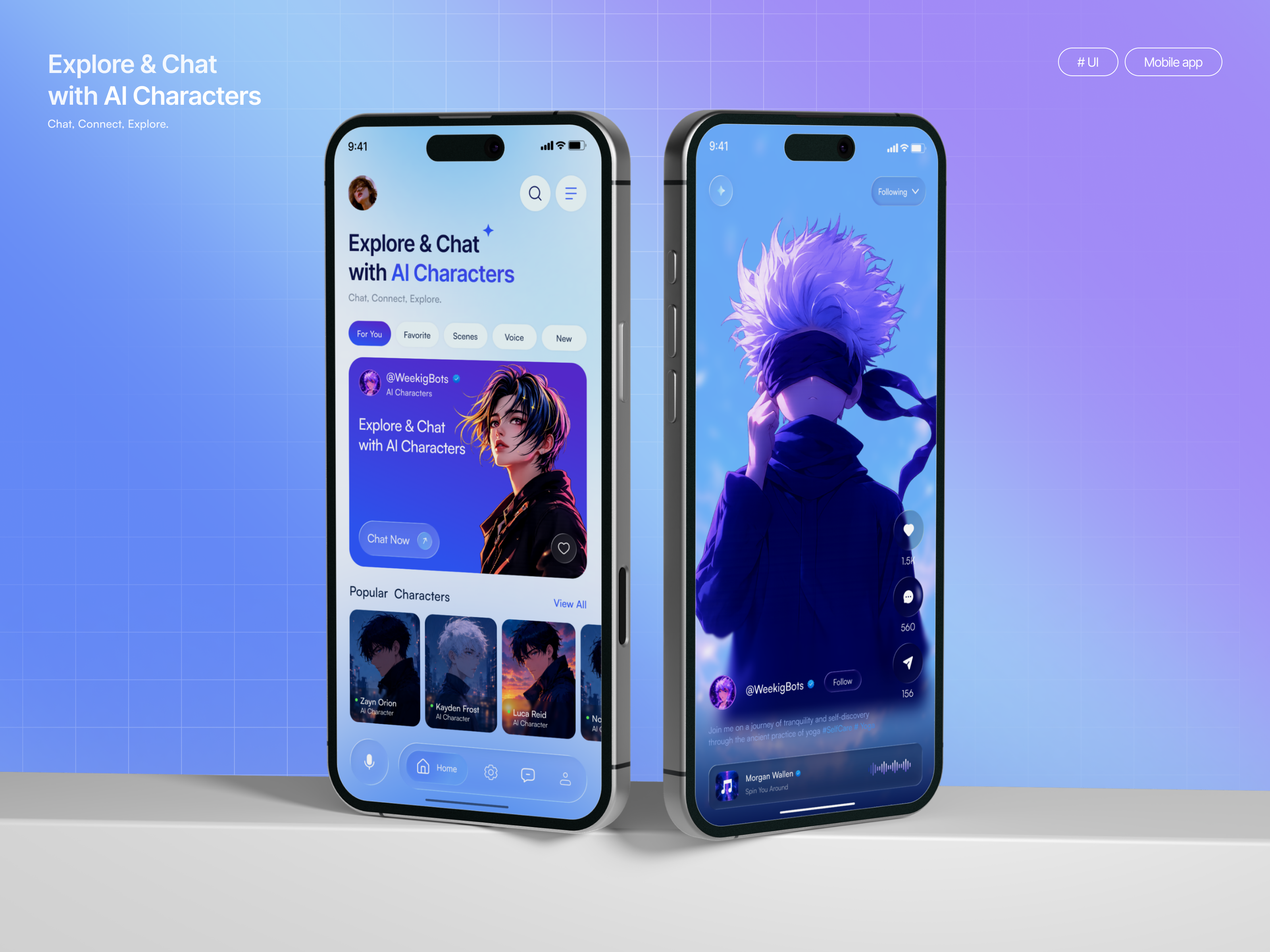 AI Character Universe – Futuristic Social App aiapp aicharacter appdesign appui characterapp chatapp dailyui darkui figmadesign glassmorphism interfacedesign mobileapp mobileui productdesign socialapp uidesign uiux userinterface uxdesign visualdesign