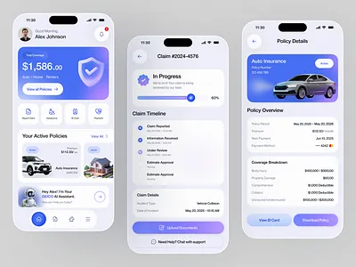 Insurance Mobile App UI Design | Claims, Policies & AI Assistant ai assistant ai powered insurance app app redesign car insurance claim design fintech healthcare insurance insurance app insurance company insurance management insurtech ios app mobile app design mobile ui policy management app smart insurance app web