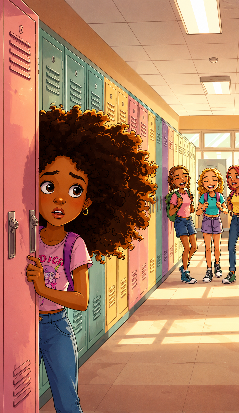 School Hallway Hues A Moment of Social Anxiety artistic growth character concept character design childrens book illustration childrens literature conceptual illustration digital art digital painting emotional illustration expressive characters narrative art procreate art school hallway school life storytelling art teenage angst visual development young adult illustration