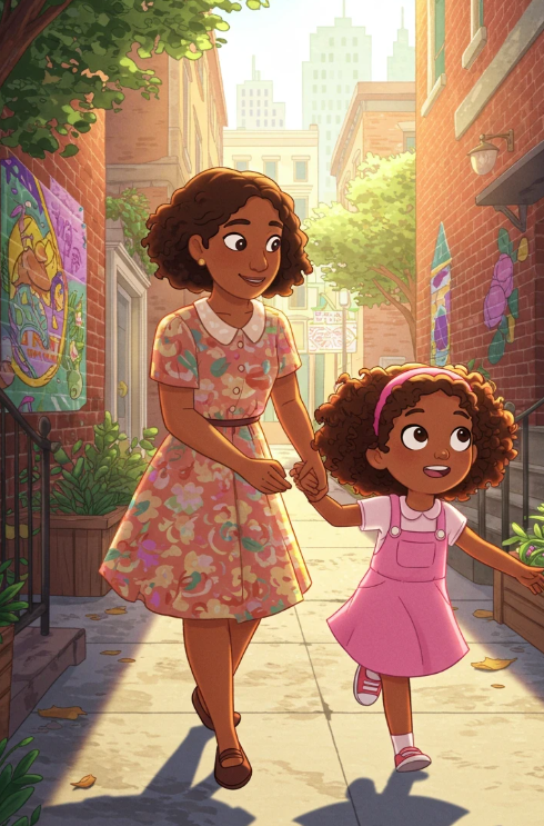 City Stroll A Mother and Daughter Afternoon Adventure artistic growth character concept character design childrens book illustration city life digital art digital painting family bonding gentle characters golden hour heartwarming art illustration project mother and daughter narrative illustration procreate art storybook art urban setting visual storytelling