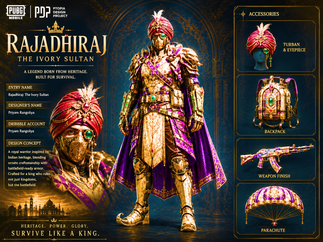 Rajadhiraj: The Ivory Sultan 3d model characterdesign digitalart dribbble dribble gameassets gamecosmetics gamedesign gaming gaming outfit pubg pubg contest pubg guns pubg mobile pubg outfit pubg skin pubgdesignproject pubgmobile x suit xsuits