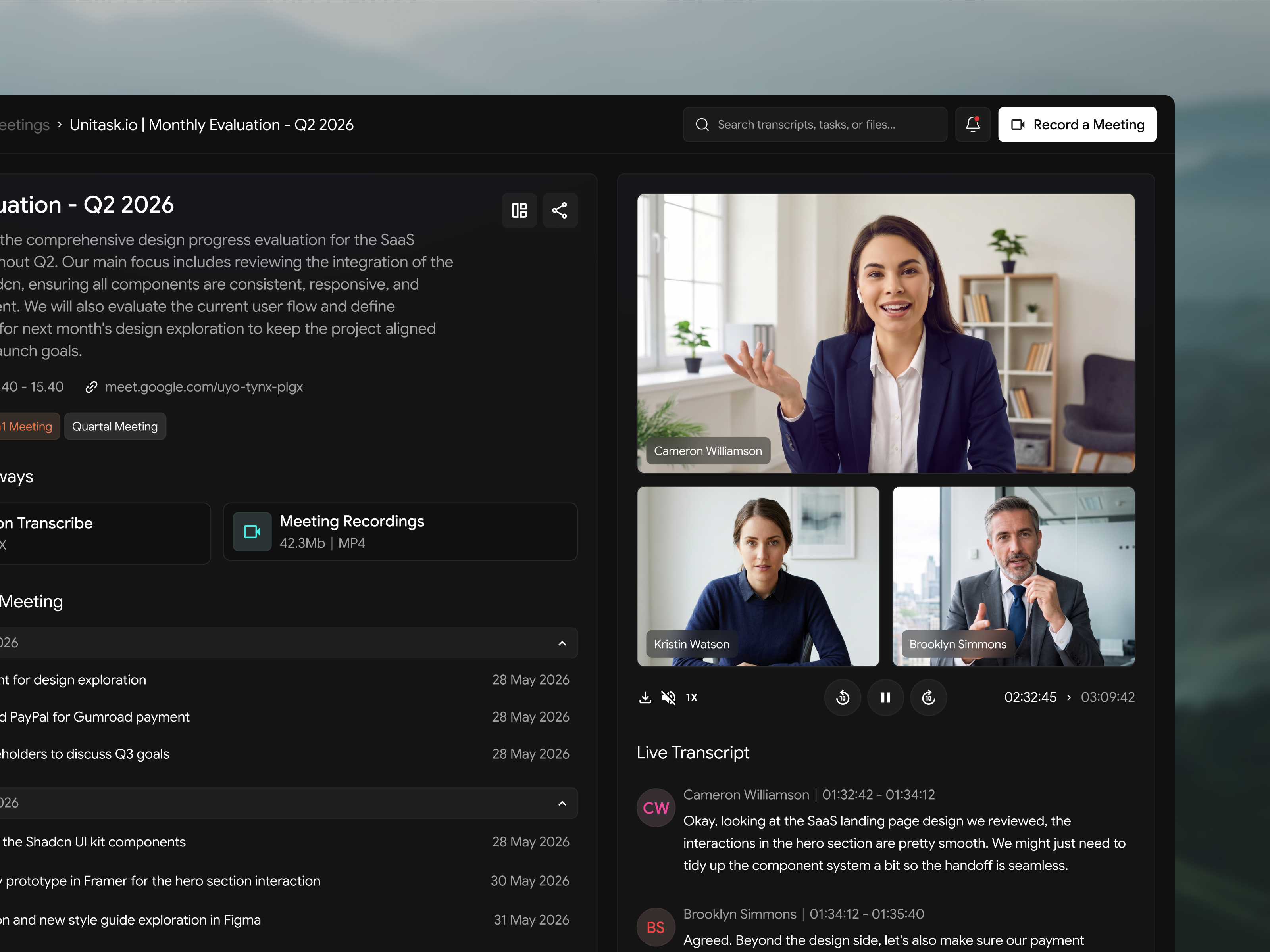 Axiom - Dashboard AI Meeting Assistant ai assistant axiom b2b software dark mode ui dashboard dashboard design design meeting app product product design productivity tool saas dashboard task management transcription app ui ui design uiux uiux design ux workspace