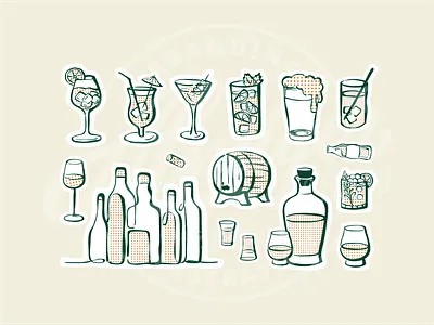 Distrikt drinks alcohol barrel beer bottle branding cocktail design drink glass graphic design icon icon set illustration logo martini party soda vector whiskey wine