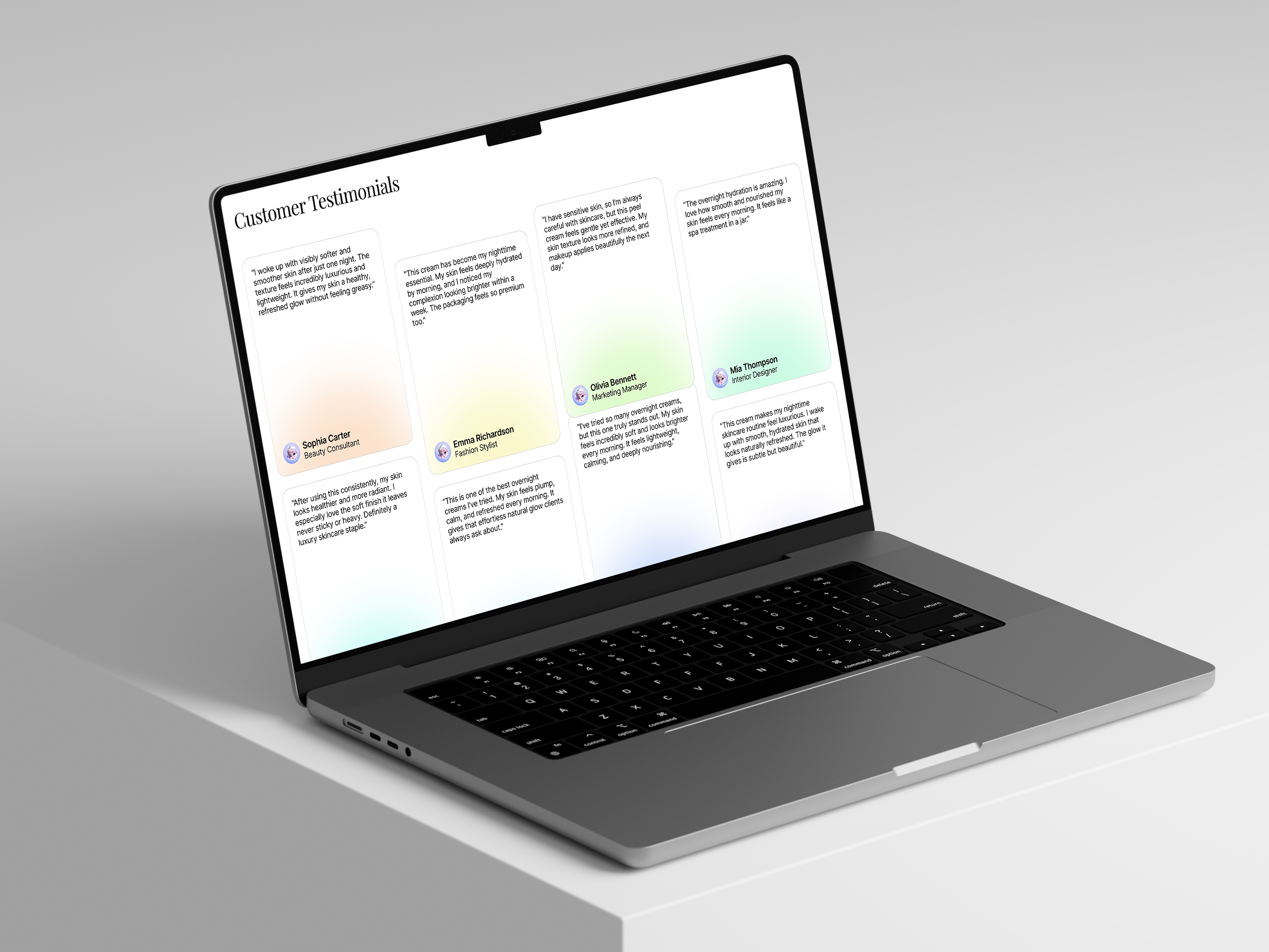Luxury Skincare Testimonials Section UI | Customer Reviews UI beauty e commerce beauty landing page cosmetic landing page customer reviews design customer reviews section customer reviews ui ecommerce landing page interface design landing page landing page ui luxury skincare landing page ui product design skincare website testimonial section testimonials section ui ui ui design user interface web ui