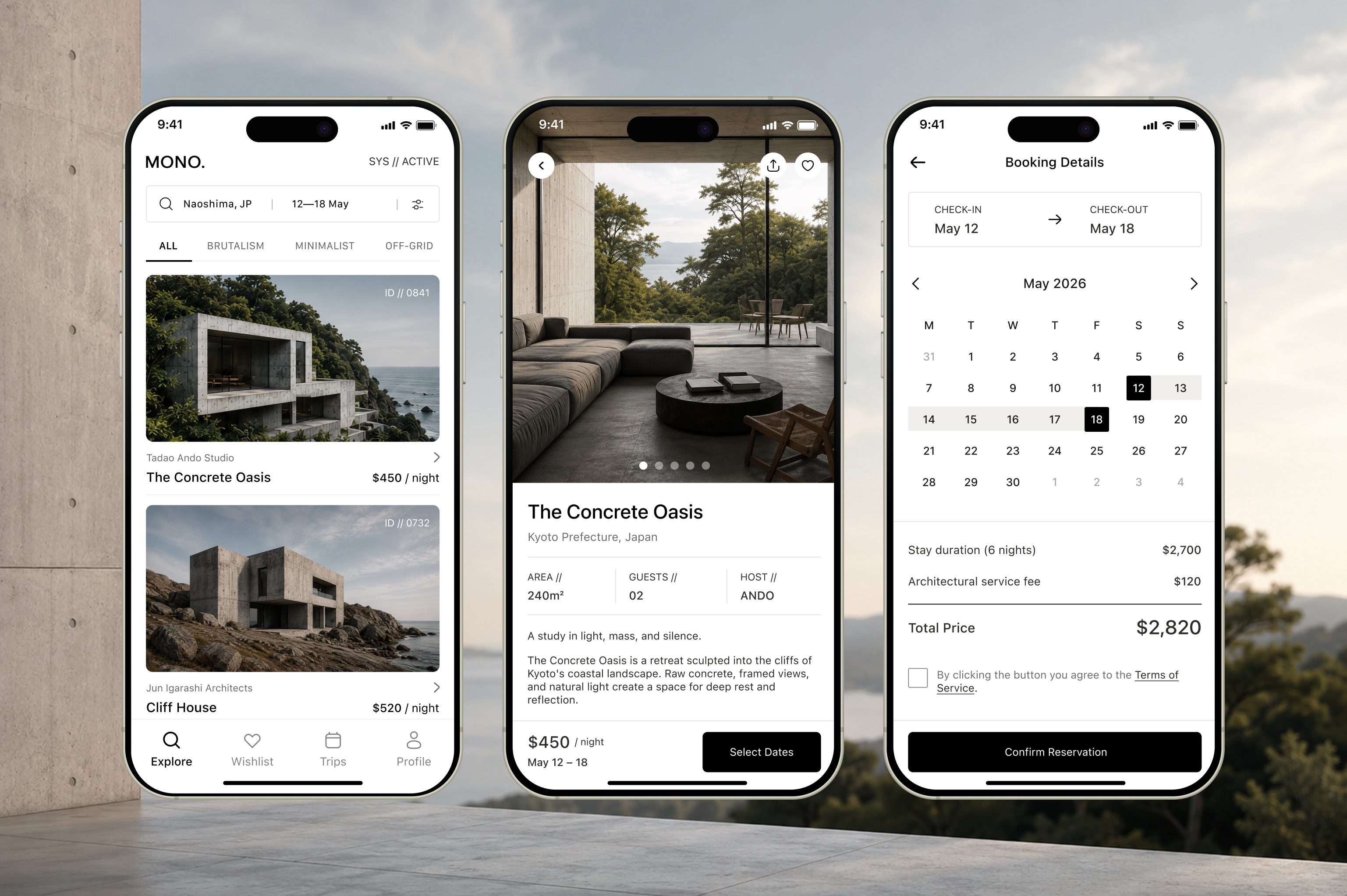 MONO — Brutalist Architecture Booking App Concept