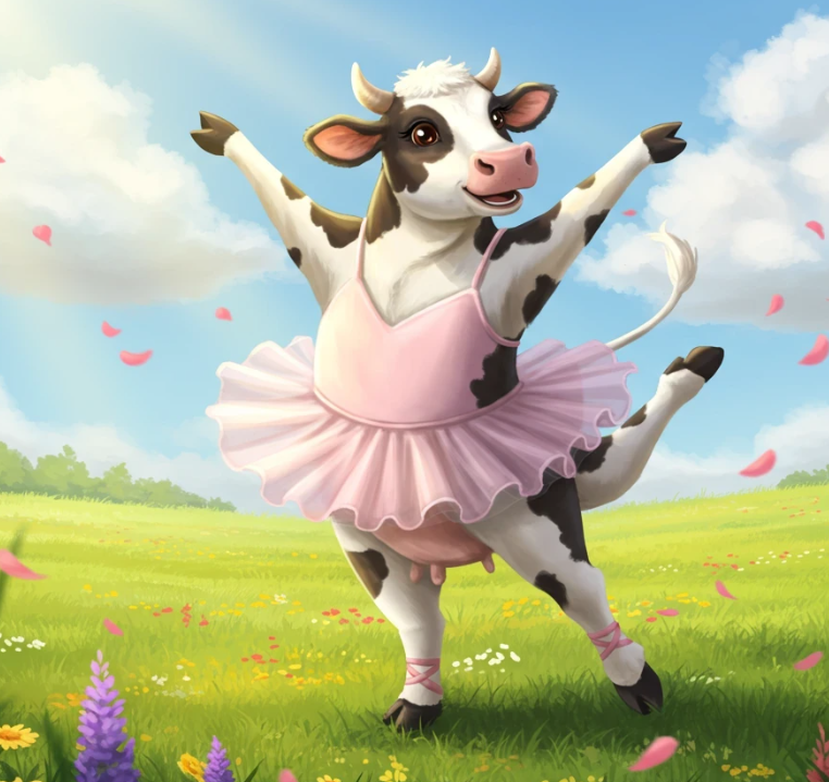 The Prima Ballerina Cow Character Design animal illustration ballerina cow character design childrens book illustration childrens publishing colorful illustration cute animals dancing cow digital art digital painting editorial illustration fantasy art kidlit art picture book spring meadow storybook visual storytelling whimsical