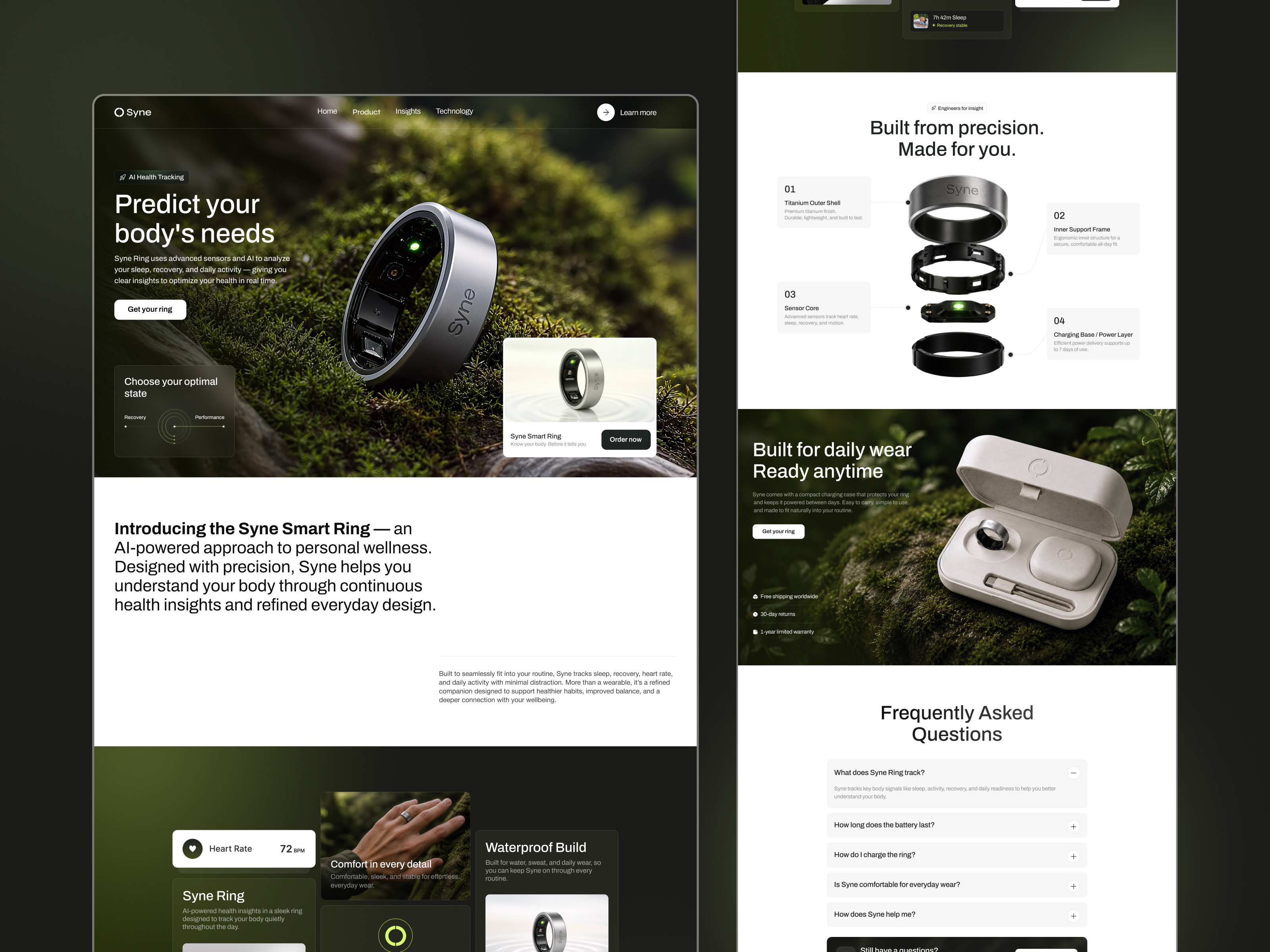 Landing page for Syne Smart Ring