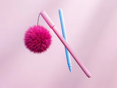 Pens with pom-pom 3d accessory creative design education learning pen pink pompom school visualisation
