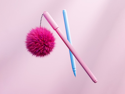 Pens with pom-pom 3d accessory creative design education learning pen pink pompom school visualisation
