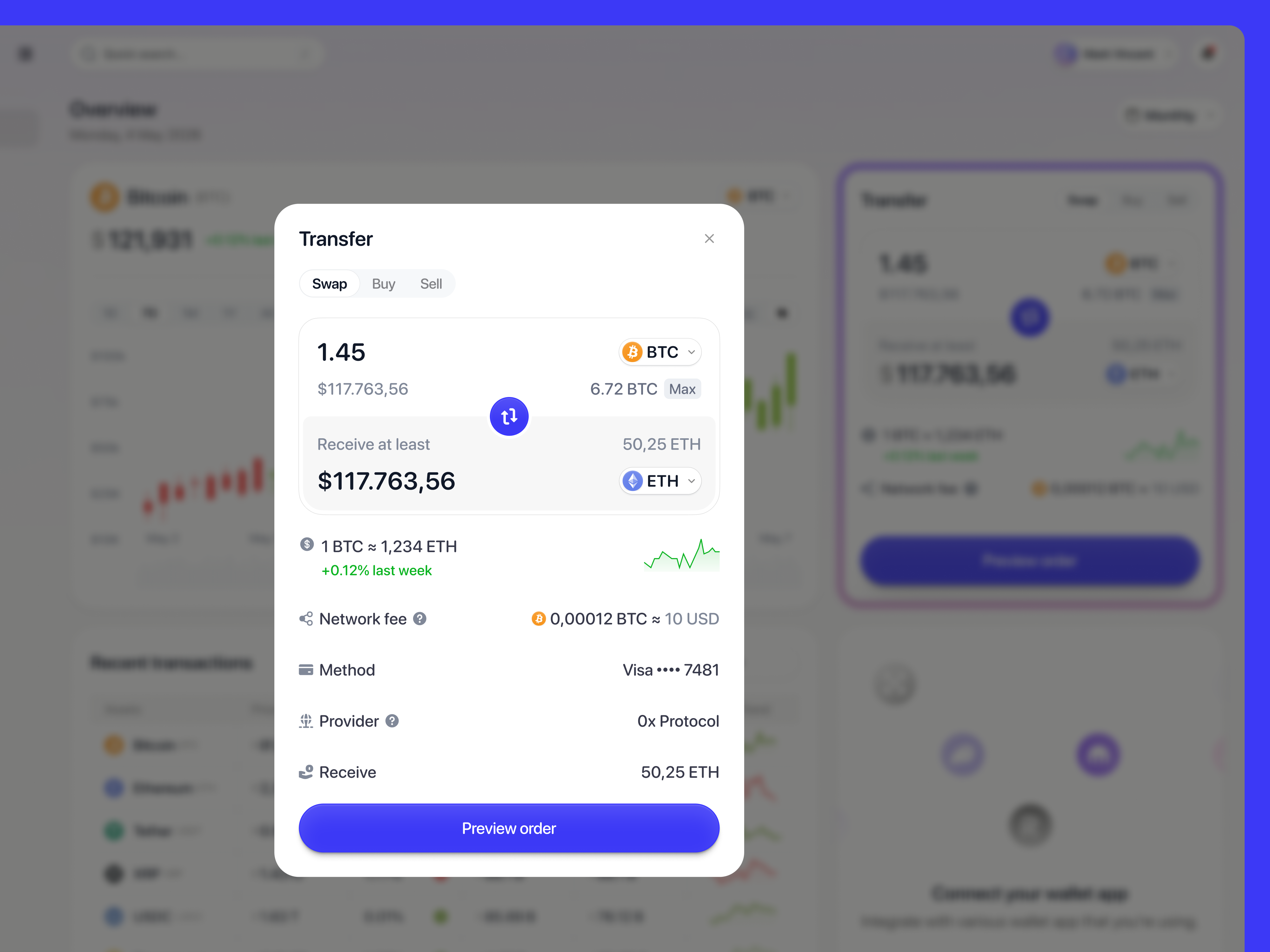 Crypto Exchange Dashboard: Asset Swap & Transfer Modal