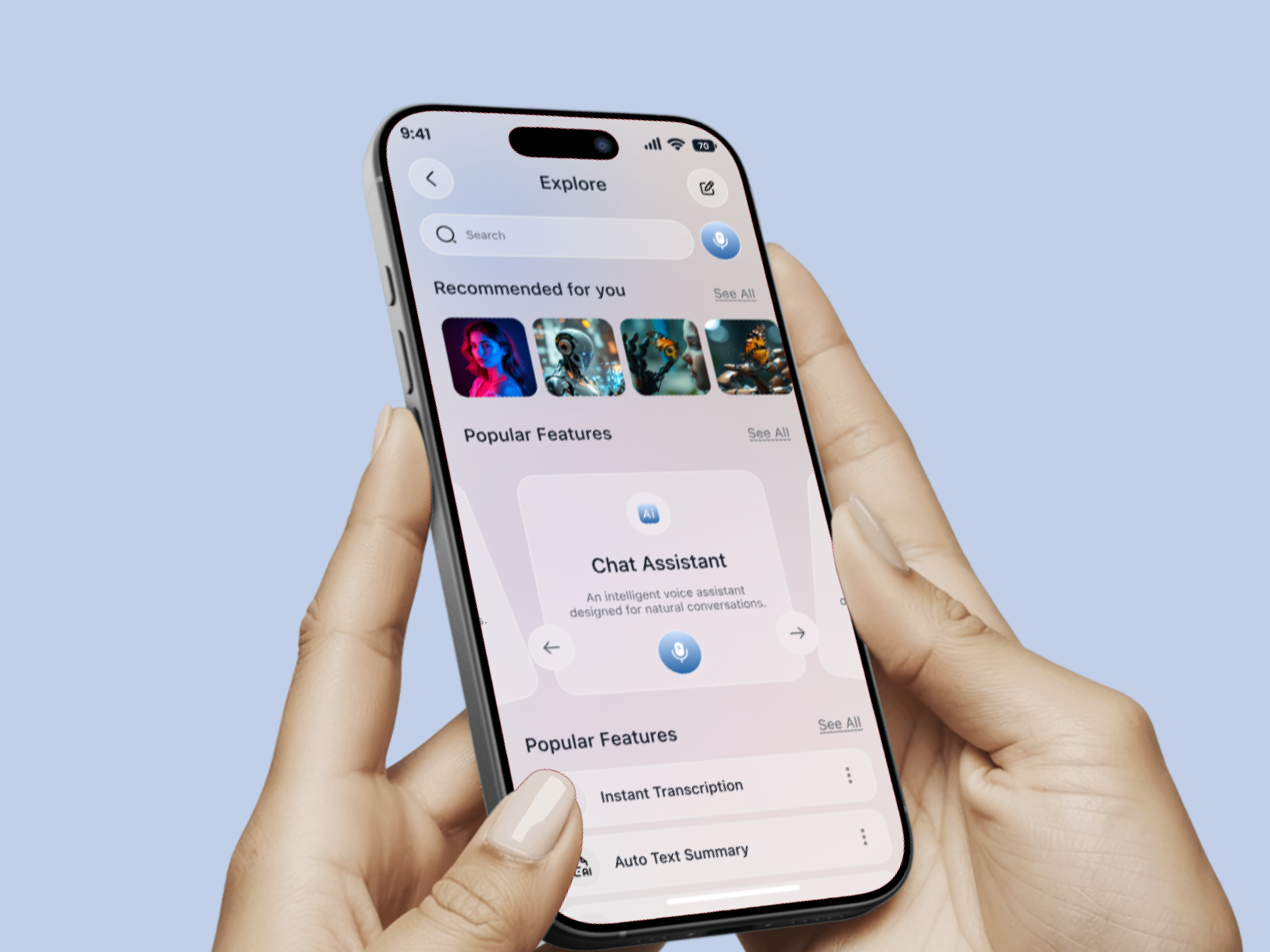 AI Assistant Mobile App – Modern UI Design ai app ai assistant ai tools app design app ui artificial intelligence chatbot ui dashboard ui generative ai mobile app mobile ui modern ui product design productivity app smart assistant ui design uiux user interface ux design voice assistant