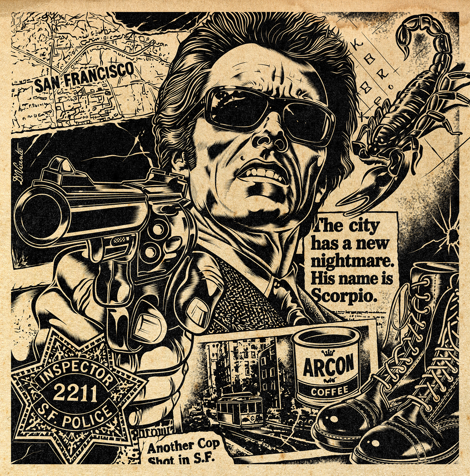 SCORPIO – SAN FRANCISCO NIGHTMARE 44 magnum black and white art cinematic illustration clint eastwood collage art crime illustration cult movie david vicente dirty harry illustration ink drawing movie tribute police badge pop culture pulp crime revolver san francisco scorpio scorpion underground comic