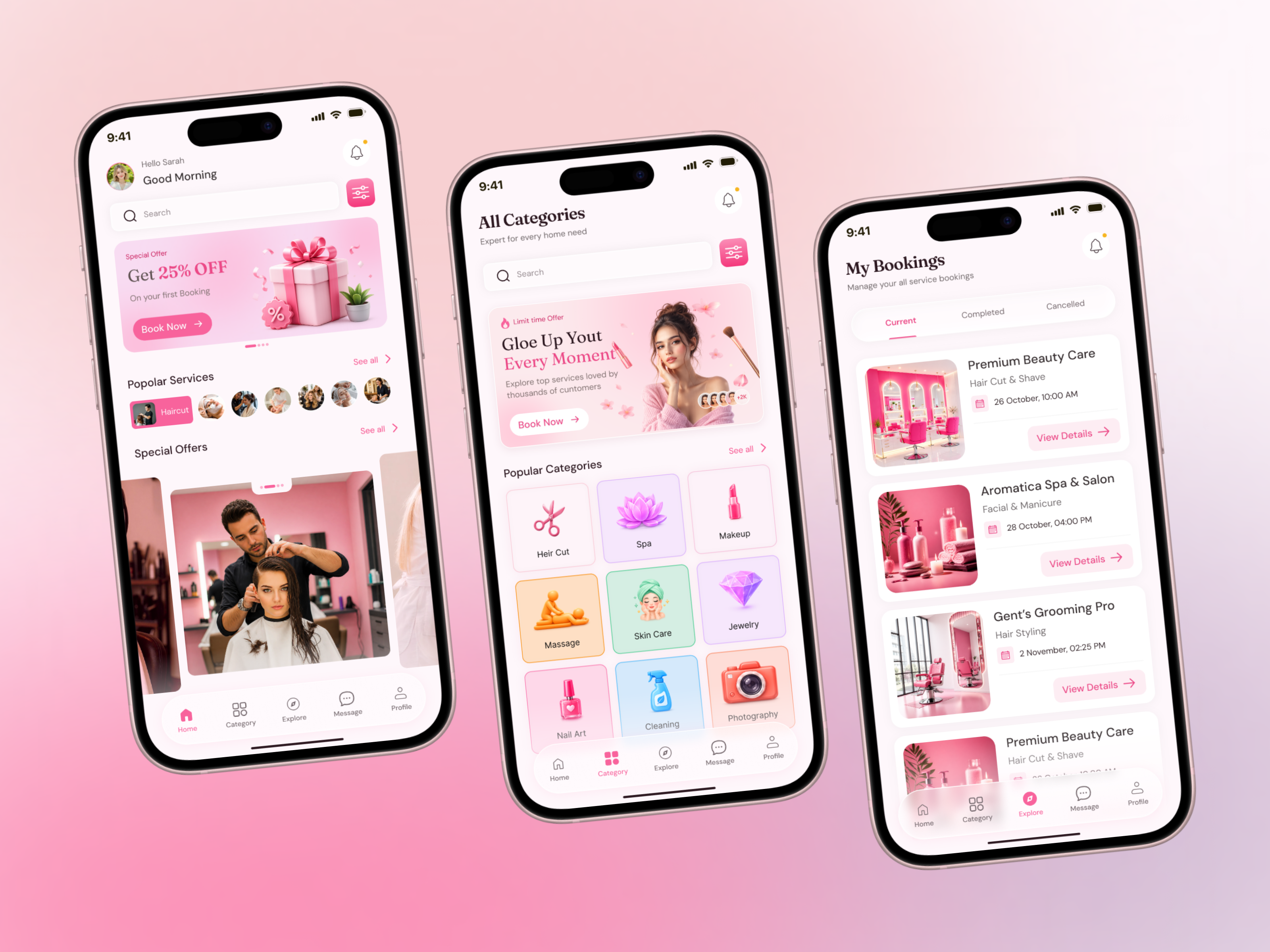 Beauty Care & Spa Booking App appdesign appui beautyapp beautytech bookingapp dailyui figmadesign interfacedesign mobileapp mobileui pinkui productdesign salonapp skincare uidesign uiux userinterface uxdesign visualdesign wellnessapp