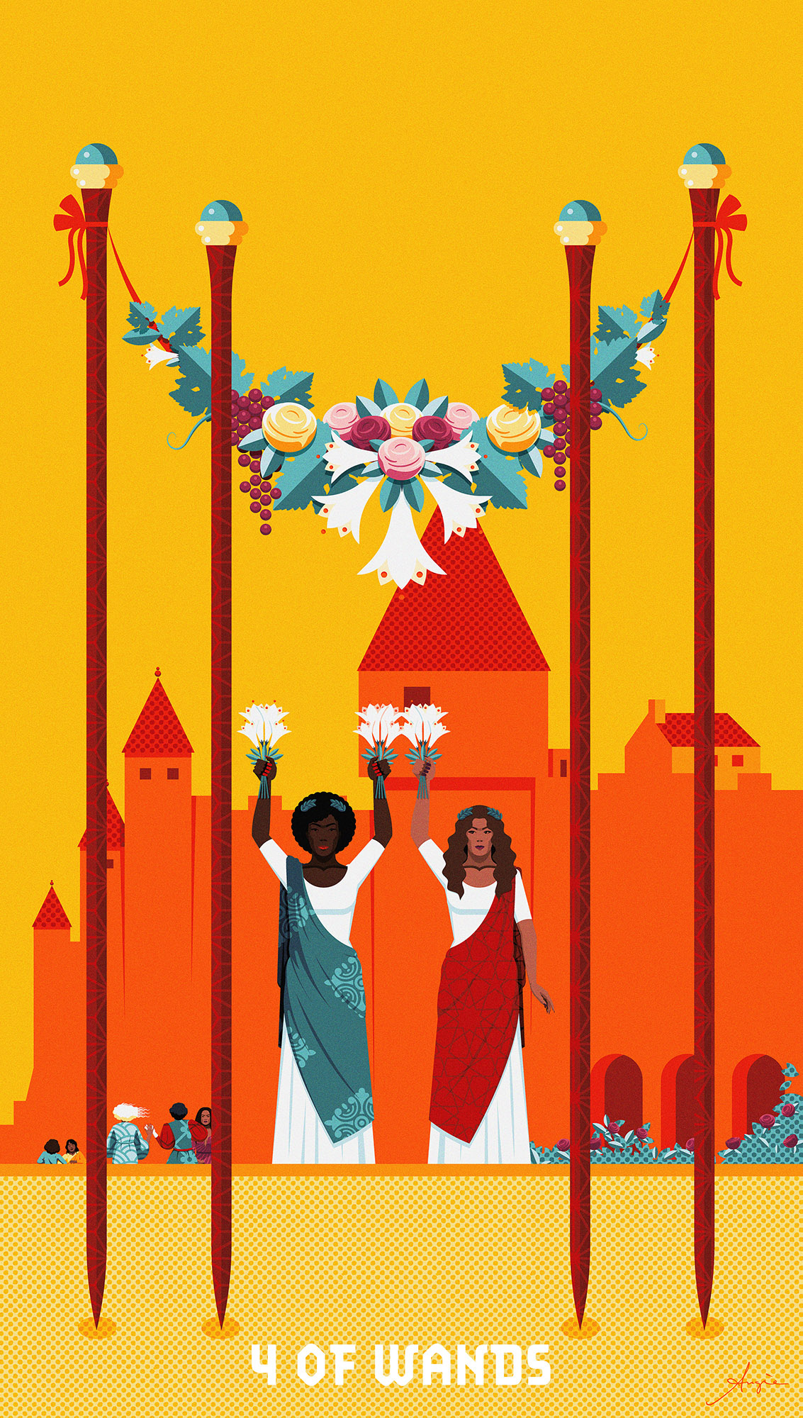 Personal Tarot Deck - 4 of Wands 4 of wands adobe illustrator card contrast daily art deck flat design flowers illustration orange red tarot vector vector illustration wands women yellow