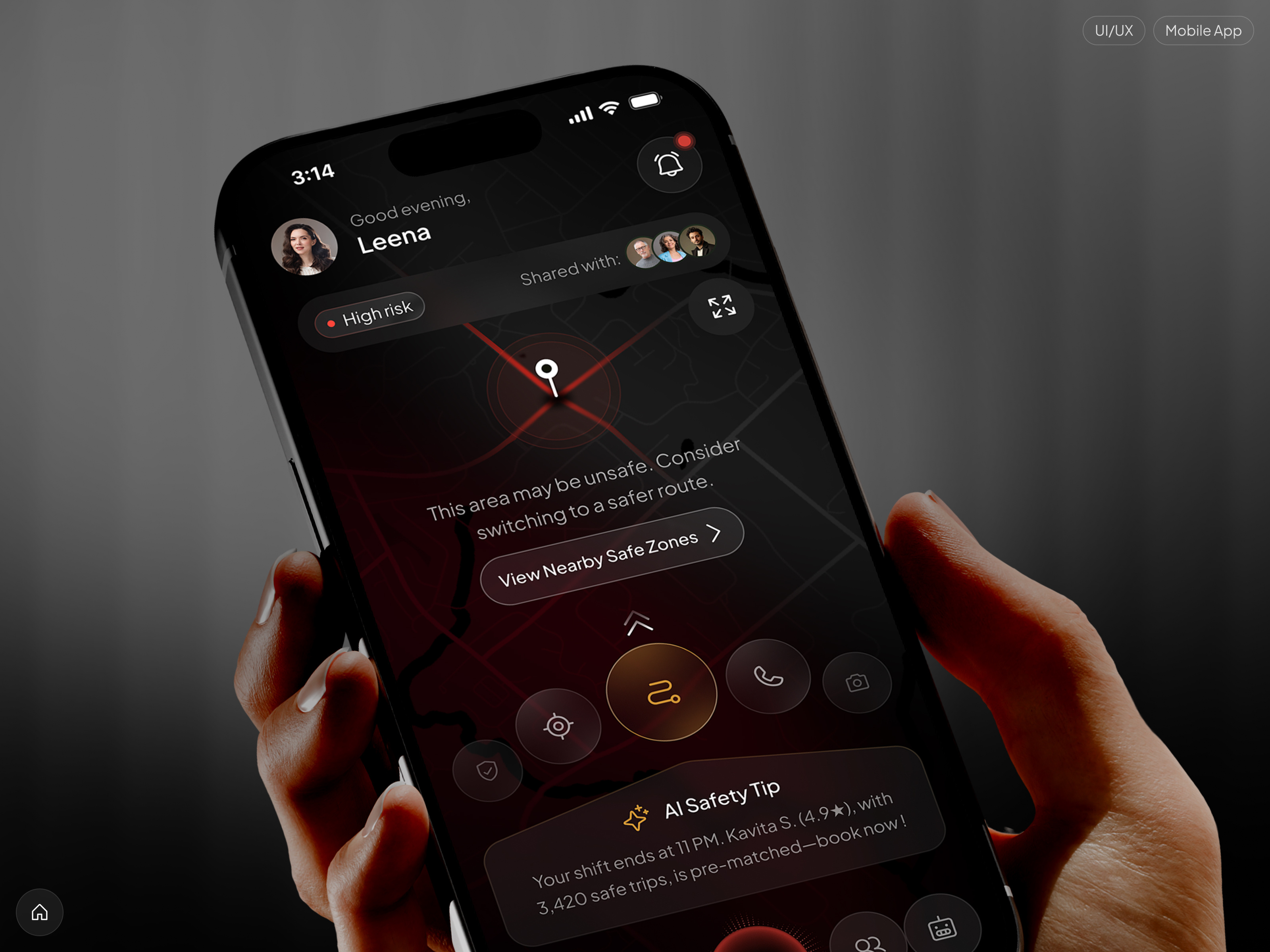 Safe Route - AI Women's Safety & Smart Mobility App aisafetyapp cinematicui consumerapp consumertech darkui figma futuristicui interactivedesign mapinterface mobileappdesign predictiveai productdesign saasproduct safetytech smartmobility sossystem trackingapp uiuxdesign urbansafety womenssafety