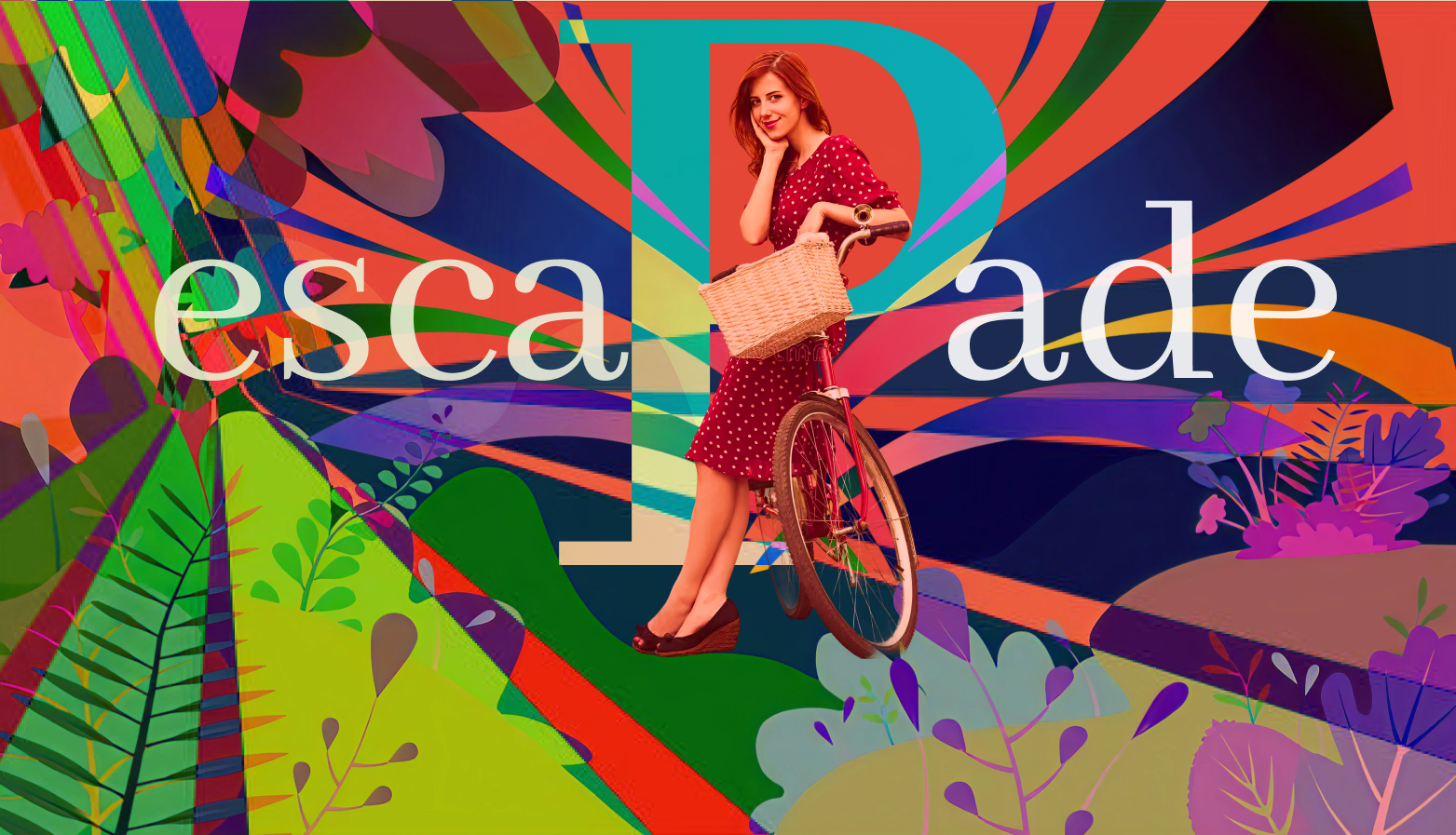 Escapade — Tropical Motion Poster bold composition colorful collage dynamic visual editorial art direction experimental poster fashion poster graphic design high energy design immersive poster poster design surreal typography tropical palette