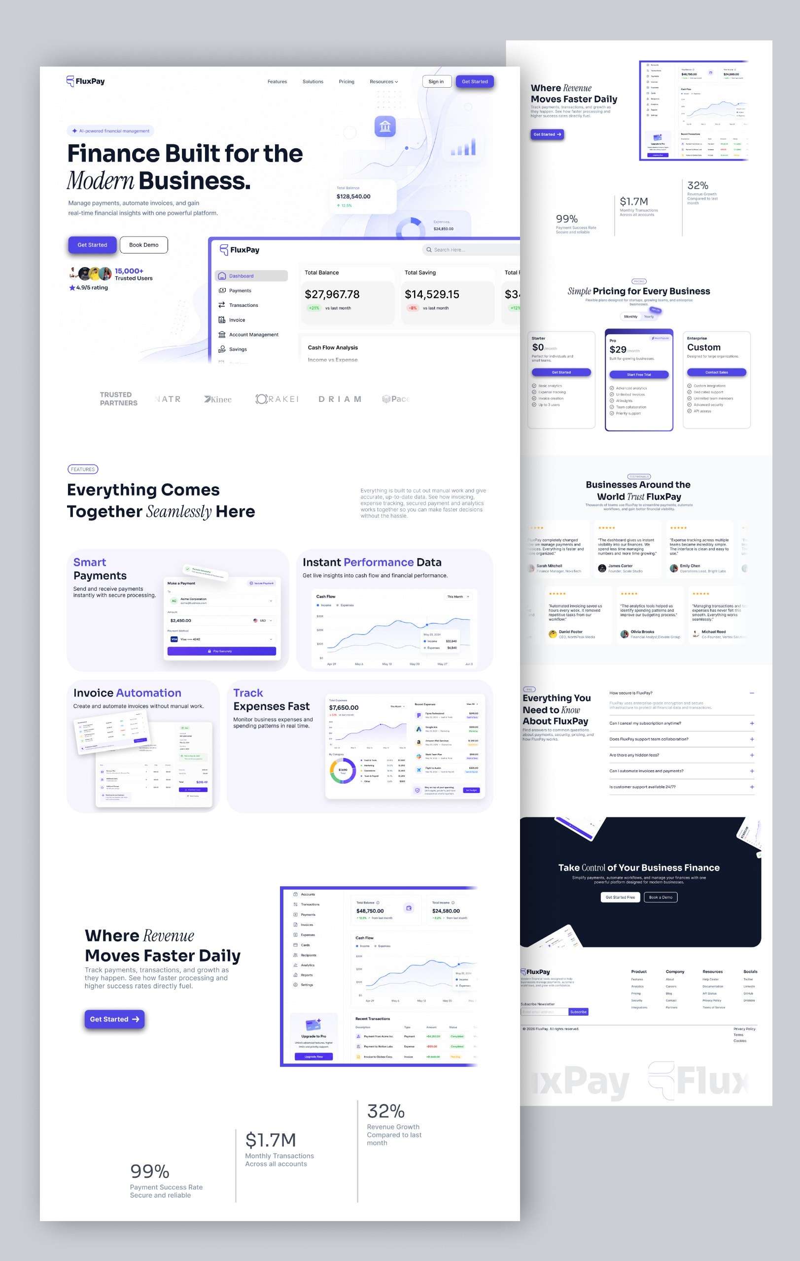 FluxPay- Landing page design design faq finance footer hero section pricing pricing section saas web design website