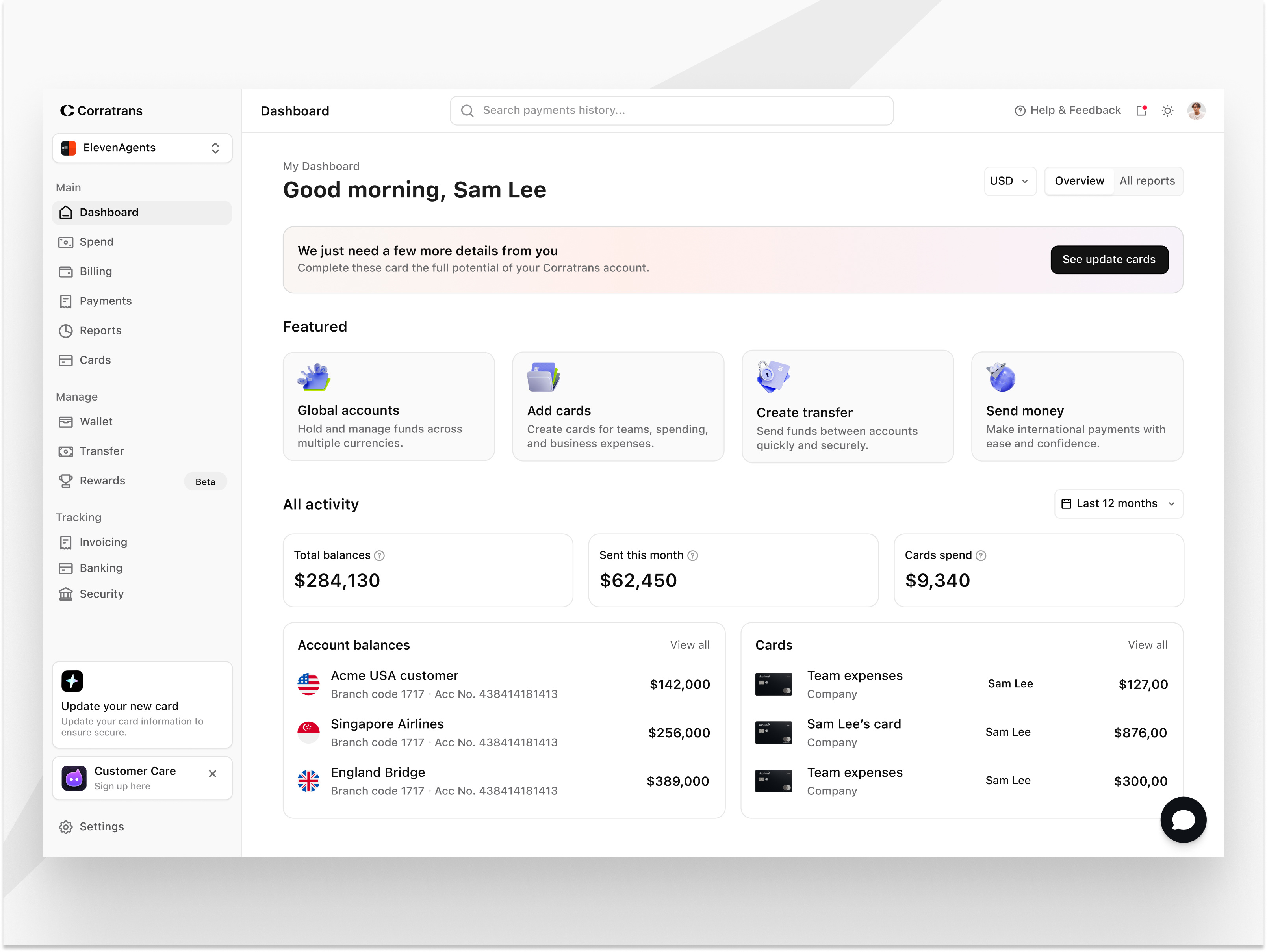Dashboard page - Corratrans banner business dashboard desktop finance home management saas sidebar ui ux web website