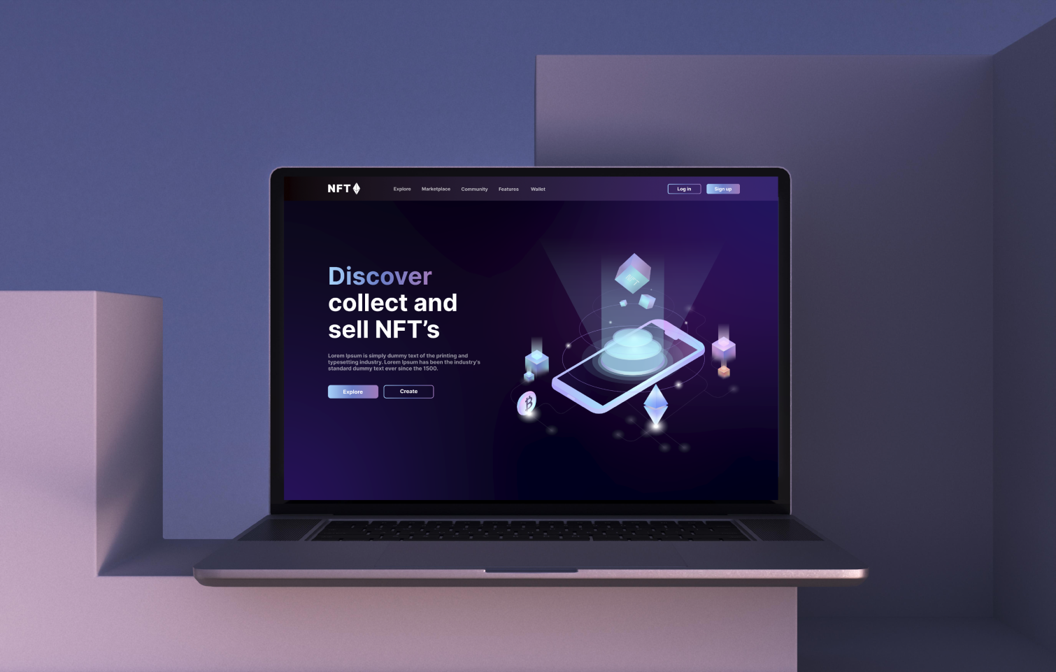 NFT Marketplace Website Design adobe illustrator blockchain crypto cryptocurrency dark mode figma graphic design illustration landing page nft