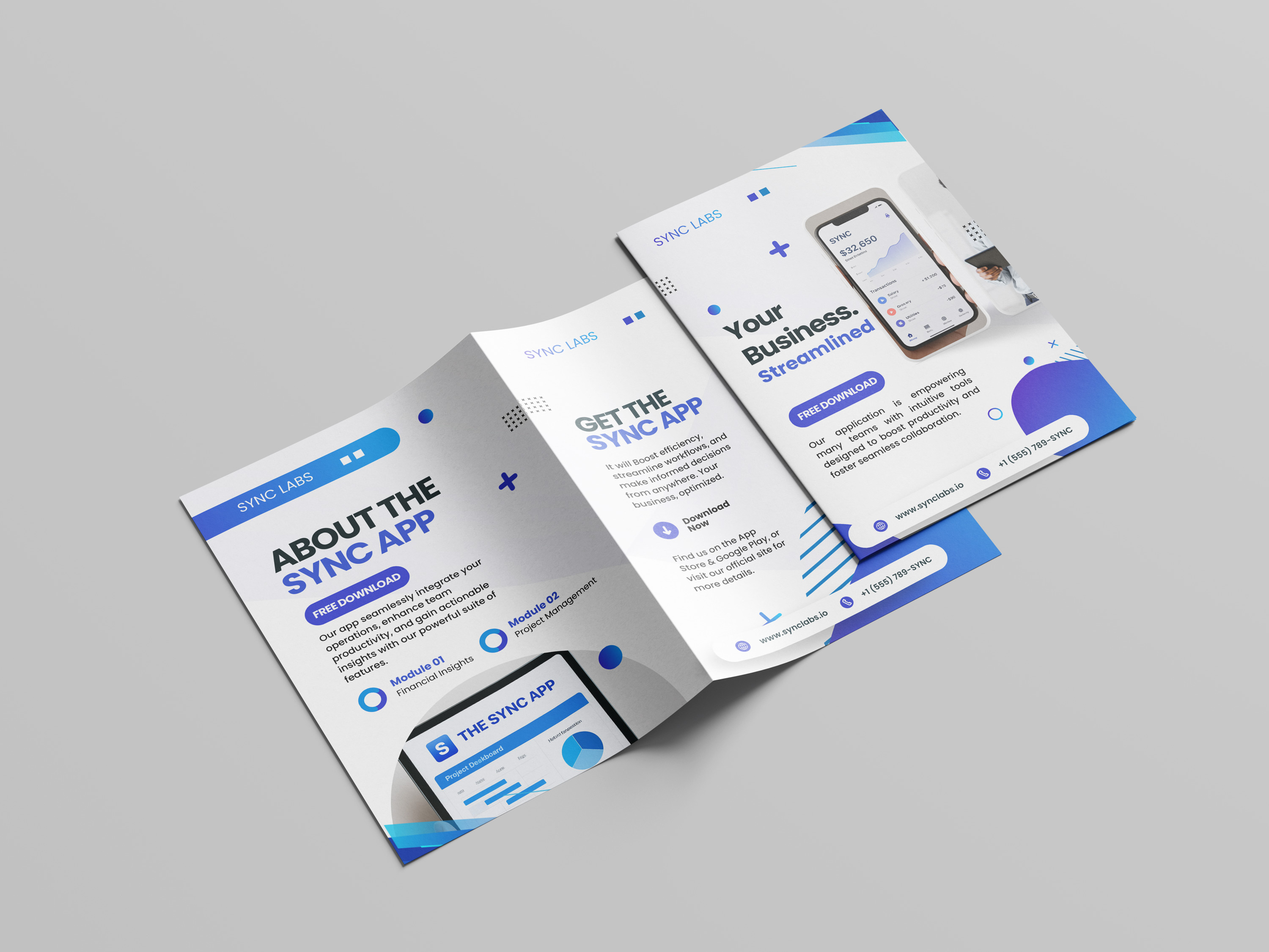 Sync-App – Business Made Simple Brochure appbrochure artdirection bifold bifold brochure bifold brochure design brand identity for startups brandidentity brochure brochure design brochuredesign creative graphic design agency design designservice freelancedesign graphic design graphic designer for hire printdesign saasdesign startupdesign uiuxdesign