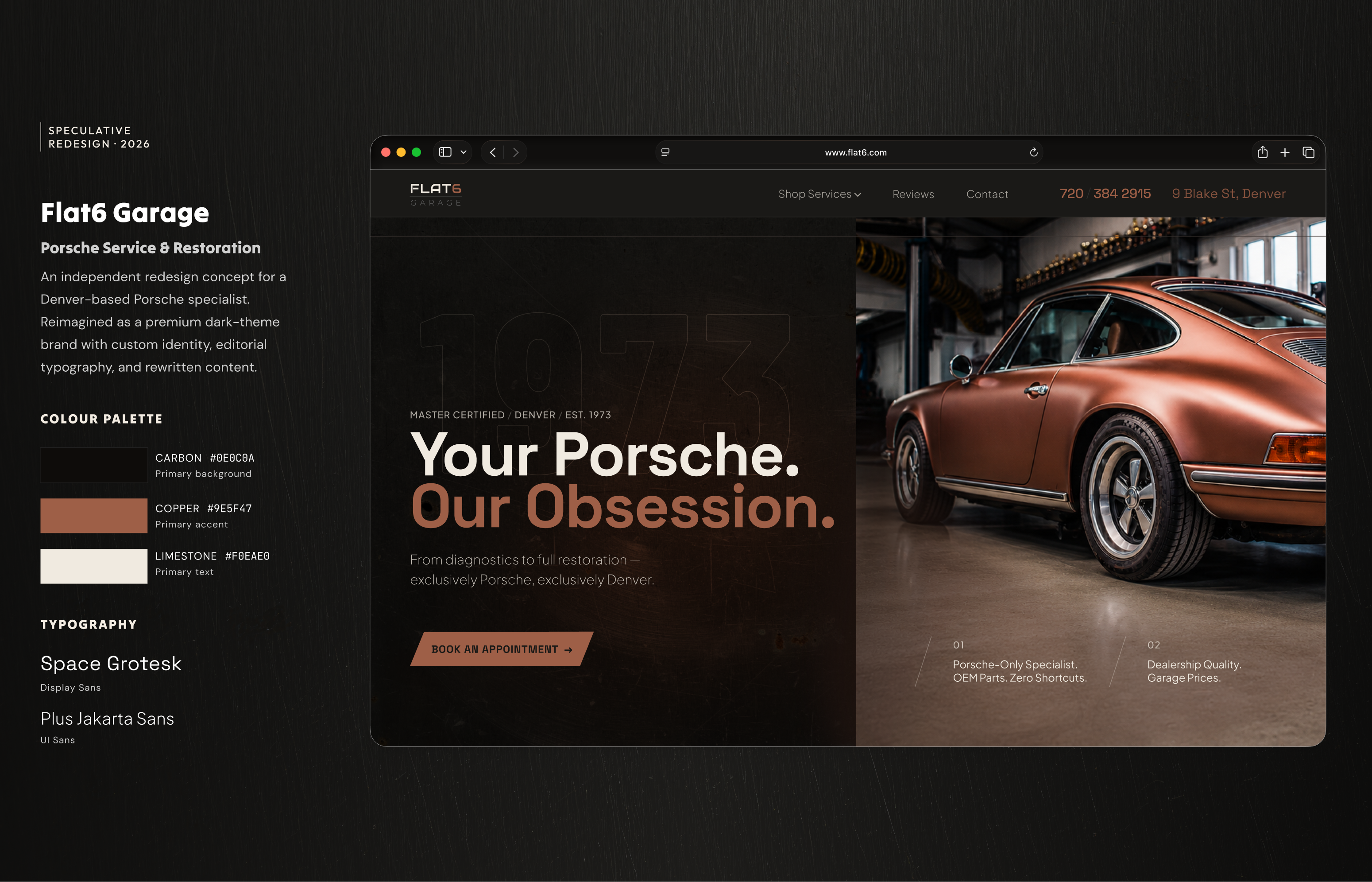 Flat6 Garage — a speculative redesign for a Porsche service and autoservice darktheme figma herodesign landingpage webdesign webflow websiteredesign