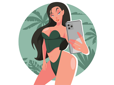 Girl taking selfie beach flat illustration girl illustration selfie