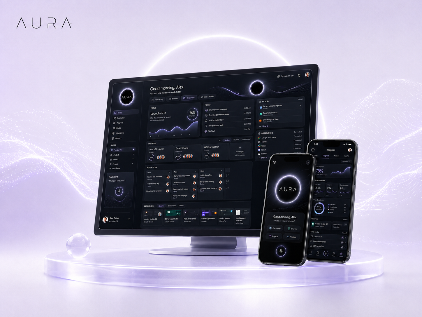 Aura — AI Operating System for Solo Founders ai design ai interface ai product app design artificial intelligence brand identity creative direction dark ui dashboard design founder tools glassmorphism mobile app operating system product design saas design startup design ui design ux design visual identity web design