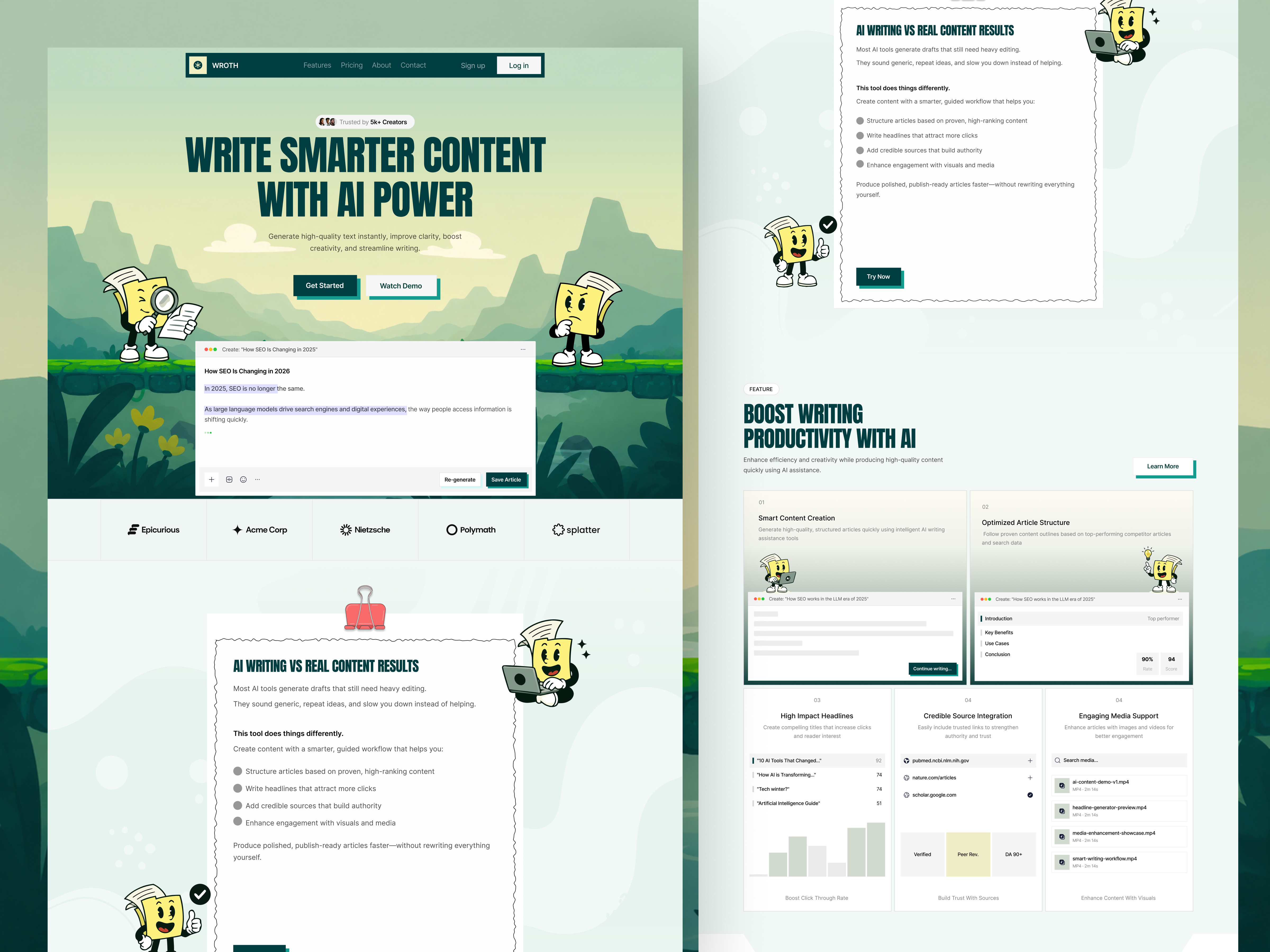 WROTH — AI Content Writing Landing Page ai website artficialintelligence bento section business website card chart clean content writing content writing website design landing page saas saas landing page saas web design saas websaite text to speech ui web design web page website