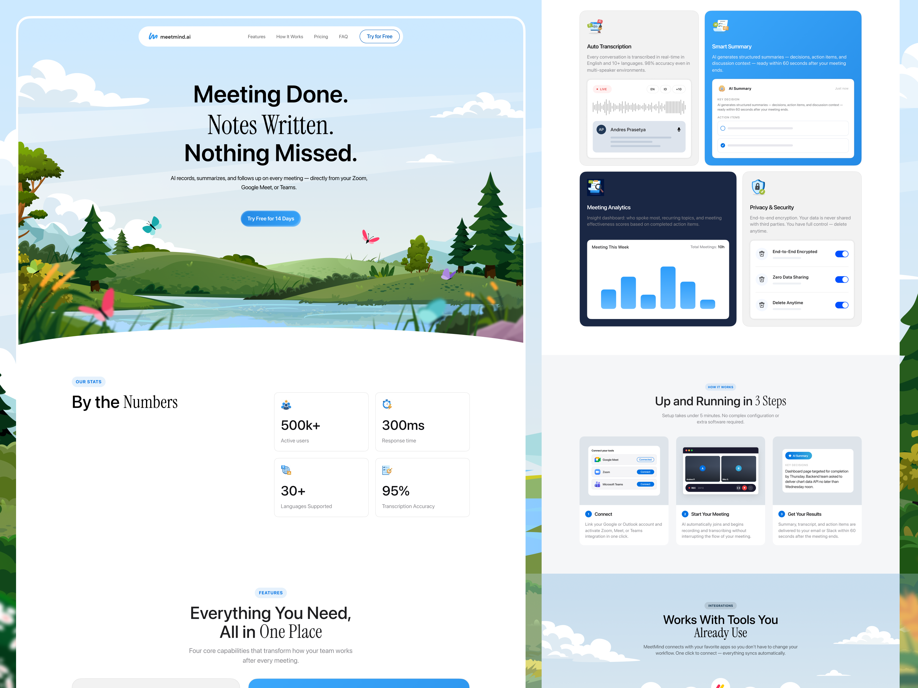 MeetMind – Never Lose Track of What Was Decided 🤝 ai animation b2b clean collaboration illustration landingpage meeting modern nature notetaking orely productivity saas transcription ui ux web webapp workflow