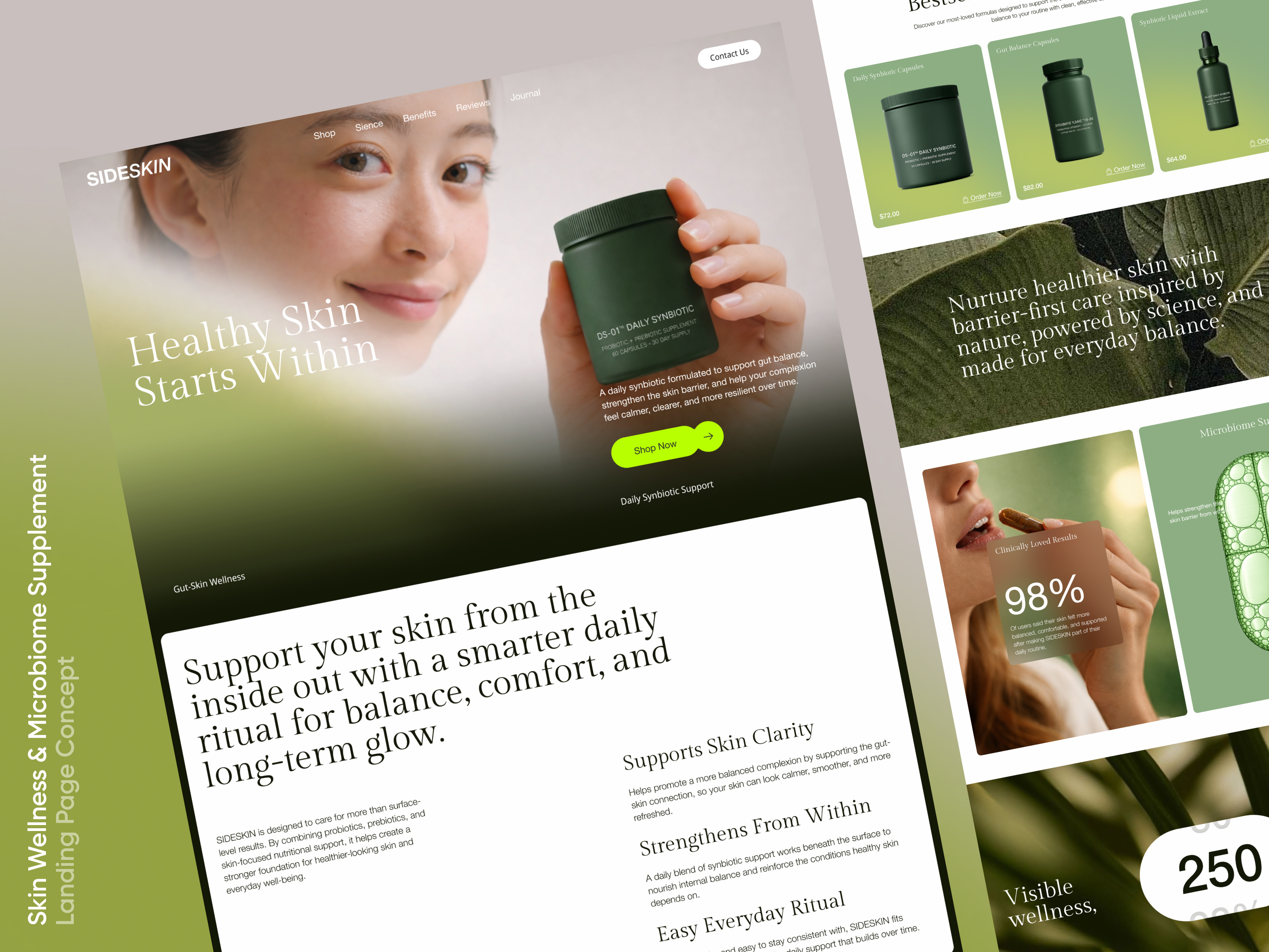 SIDESKIN — Skin Wellness & Microbiome Supplement Landing Page Co beauty branding care ecommerce elementor feminice framer healthy landing online page shop skin store ui webflow website wordpress