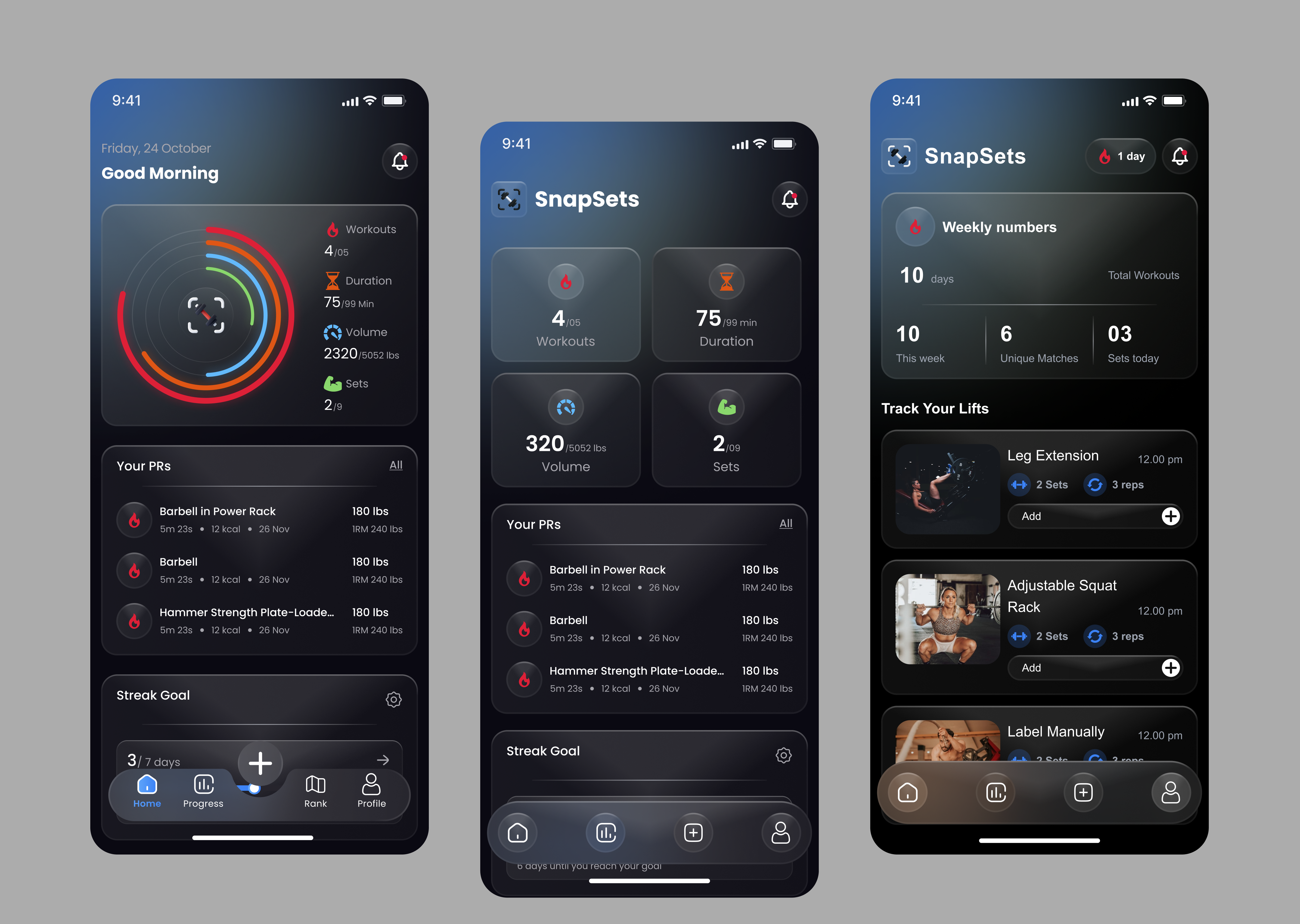 SnapSets – Modern Fitness Tracker & Workout Management App UI/UX dark mode ui design fitness analytics dashboard fitness app design inspiration fitness app ui fitness mobile ui fitness progress tracker fitness tracker app fitness ui ux gym app design gym management app gym workout app health and fitness app mobile app ui design mobile fitness app sports app ui uiuxhero user experience design workout dashboard ui workout planner app workout tracking app