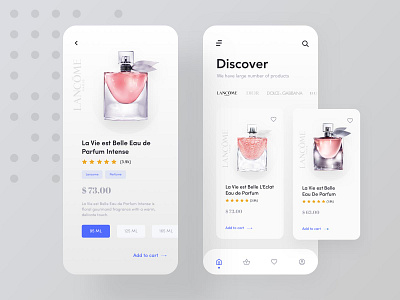 Perfume app - Concept add to cart aromatic beauty product details page draw ecommerce favorites home menu mobile mobile app design modern app online shop organic perfume perfume app plant product design profile search