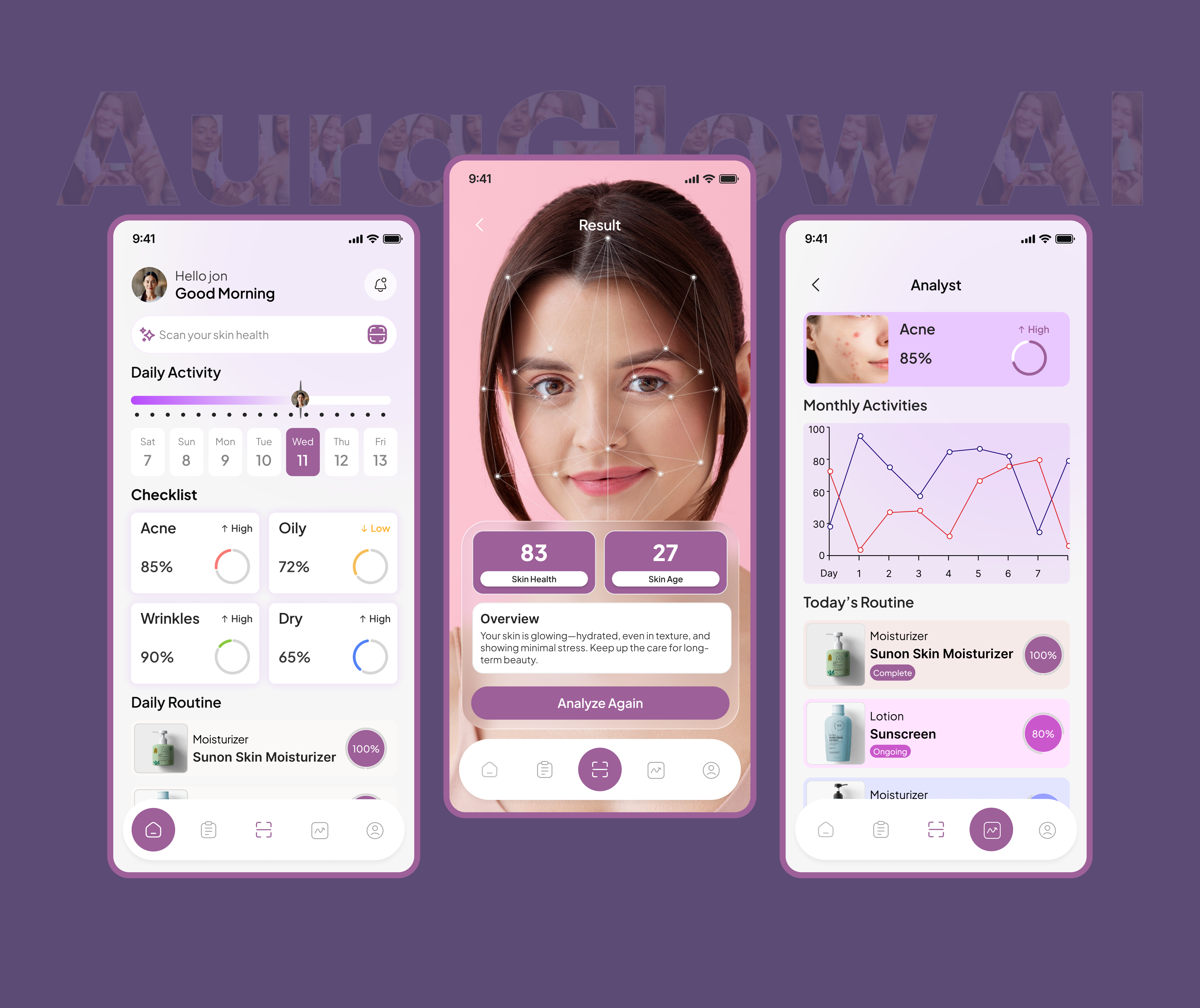 AuraGlow AI: Your Personal AI Beauty Companion ai appdesign beautytech mobileapp skincare ui uidesign ux
