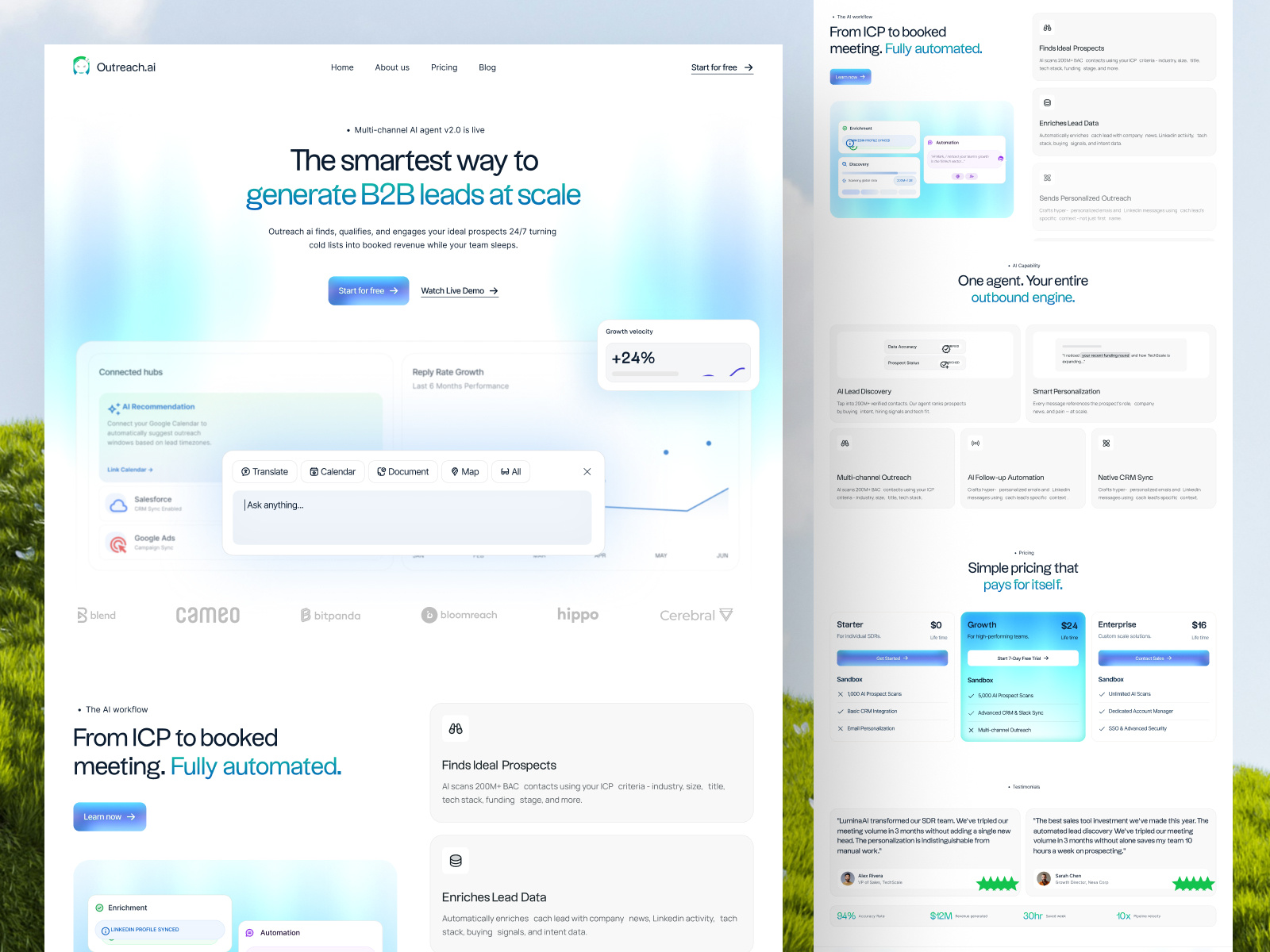 Outreach.ai — AI B2B Lead Generation SaaS Landing Page ai product landing page ai saas landing page ai sales intelligence ai workflow interface b2b lead finder b2b leads b2b saas website b2b sales crm dashboard landing page lead collection lead generation platform lead generator lead qualification system modern saas website outbound automation sales automation sales intelligence startup website design tech saas