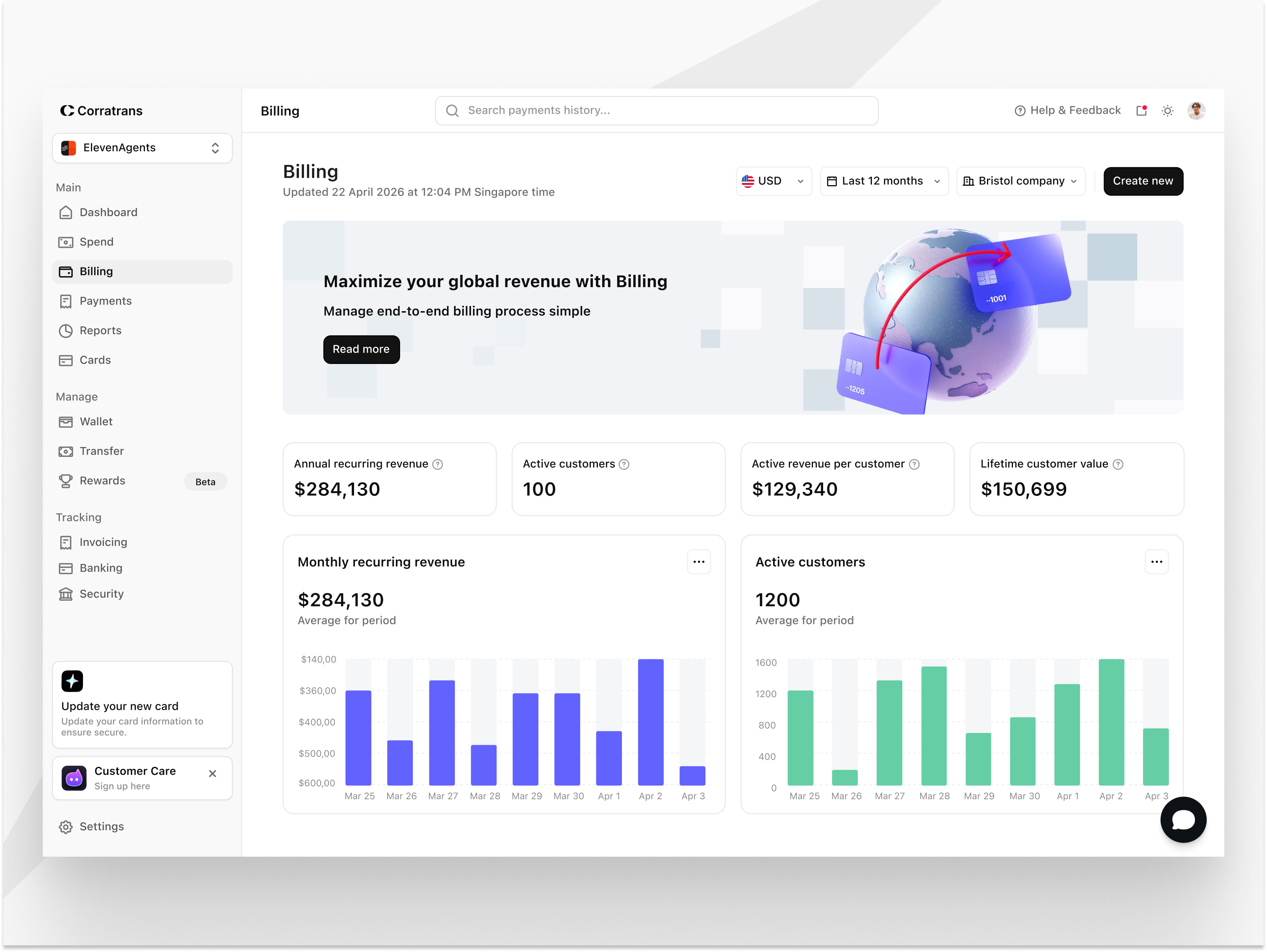 Billing page - Corratrans analytics b2b billing dashboard desktop finance management saas ui ux web website