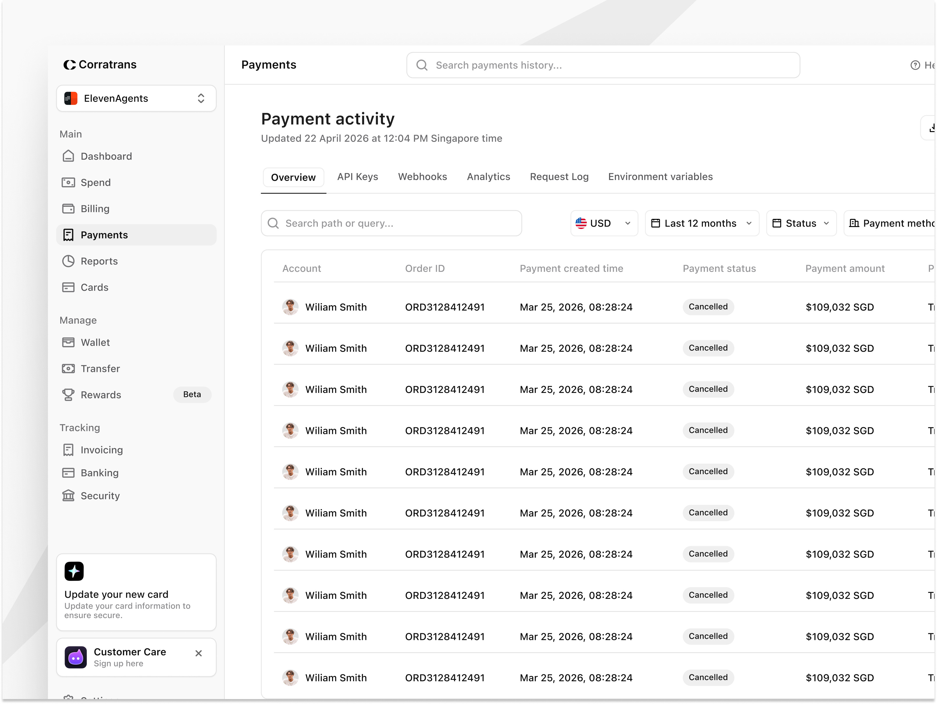 Payment page - Corratrans b2b business dashboard dekstop finance payment saas sidebar table ui ux web website