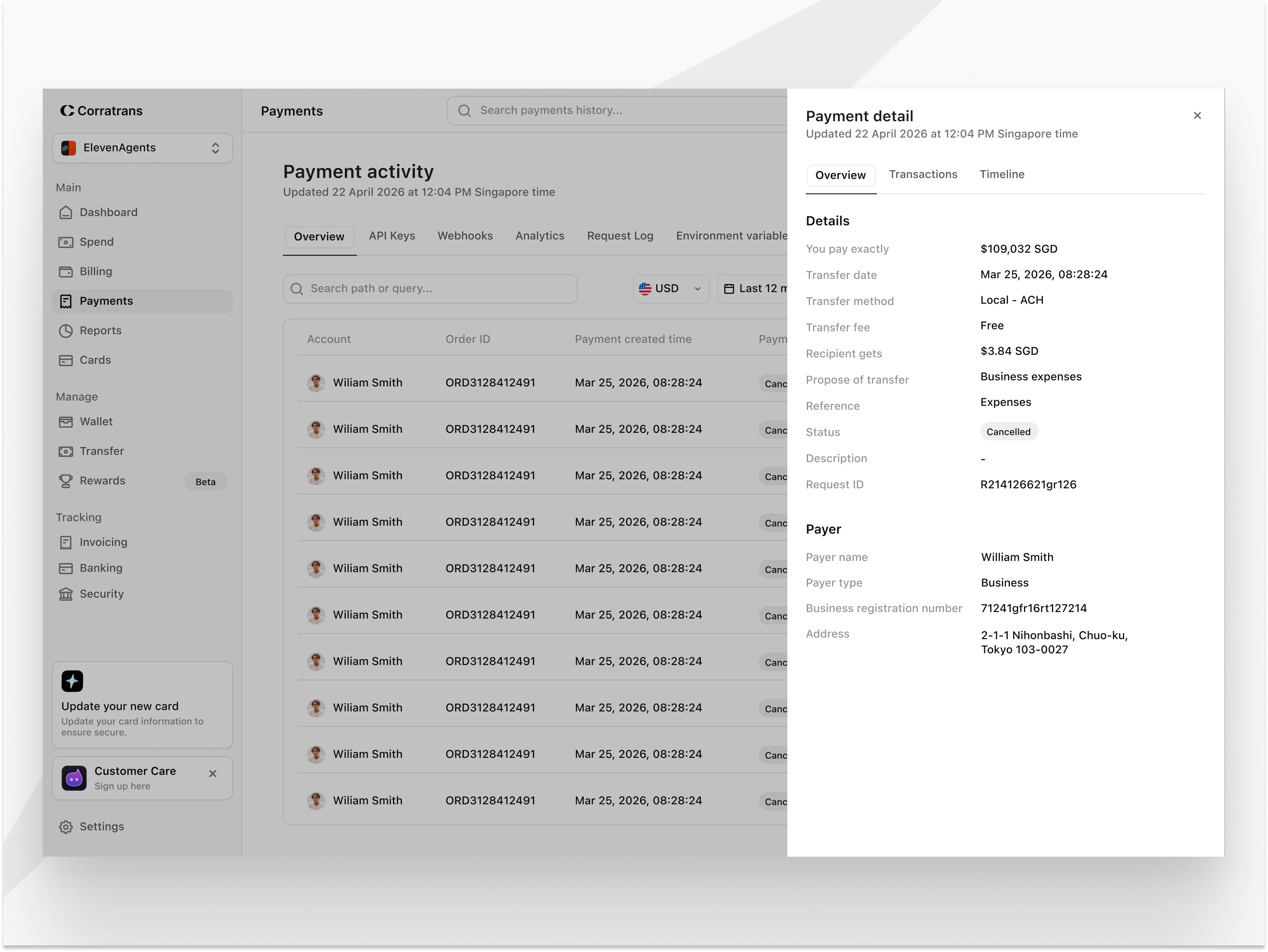 Payment detail - Corratrans b2b dashboard drawer finance payment saas table ui ux web website