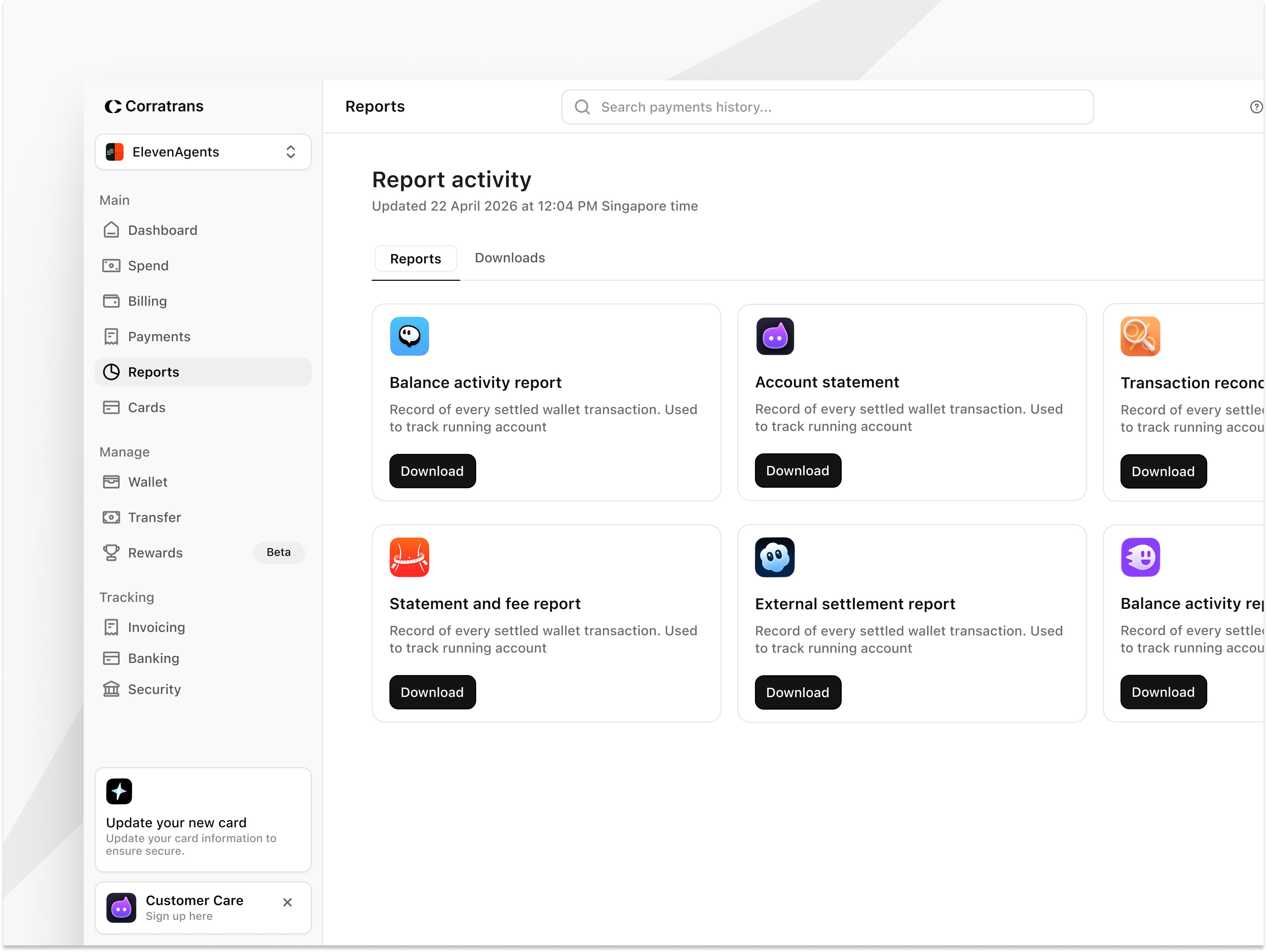 Reports page - Corratrans activity b2b business card dashboard dekstop finance fintech report saas ui ux web